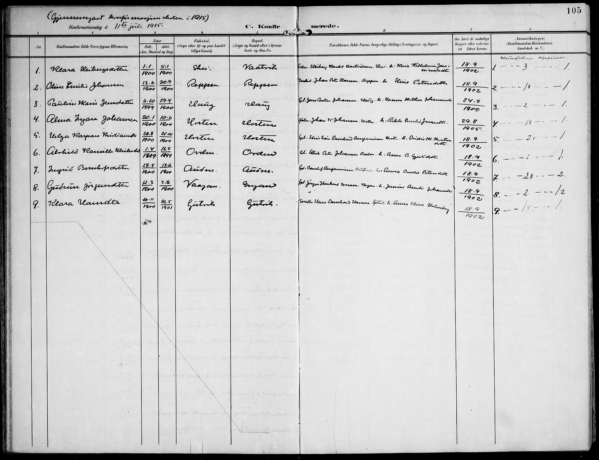 Ministerialprotokoller, klokkerbøker og fødselsregistre - Nord-Trøndelag, SAT/A-1458/788/L0698: Parish register (official) no. 788A05, 1902-1921, p. 105