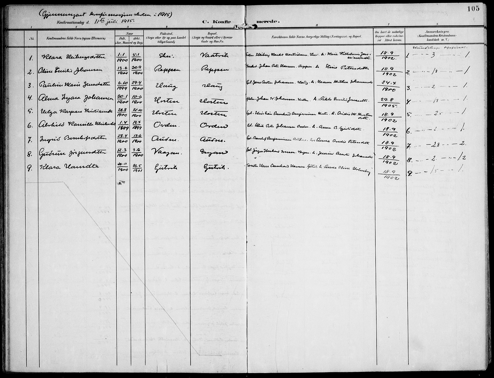 Ministerialprotokoller, klokkerbøker og fødselsregistre - Nord-Trøndelag, AV/SAT-A-1458/788/L0698: Parish register (official) no. 788A05, 1902-1921, p. 105