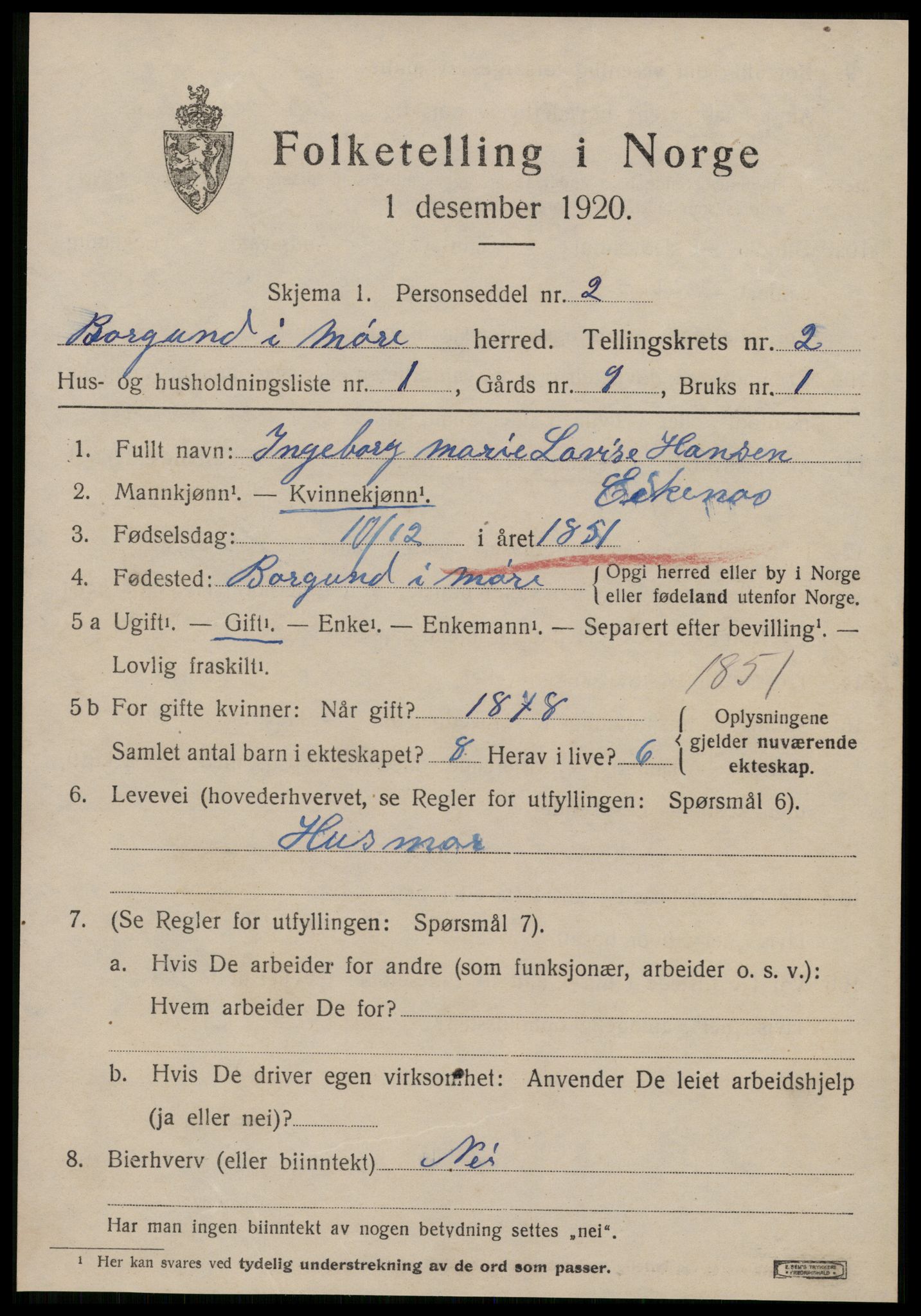 SAT, 1920 census for Borgund, 1920, p. 3090