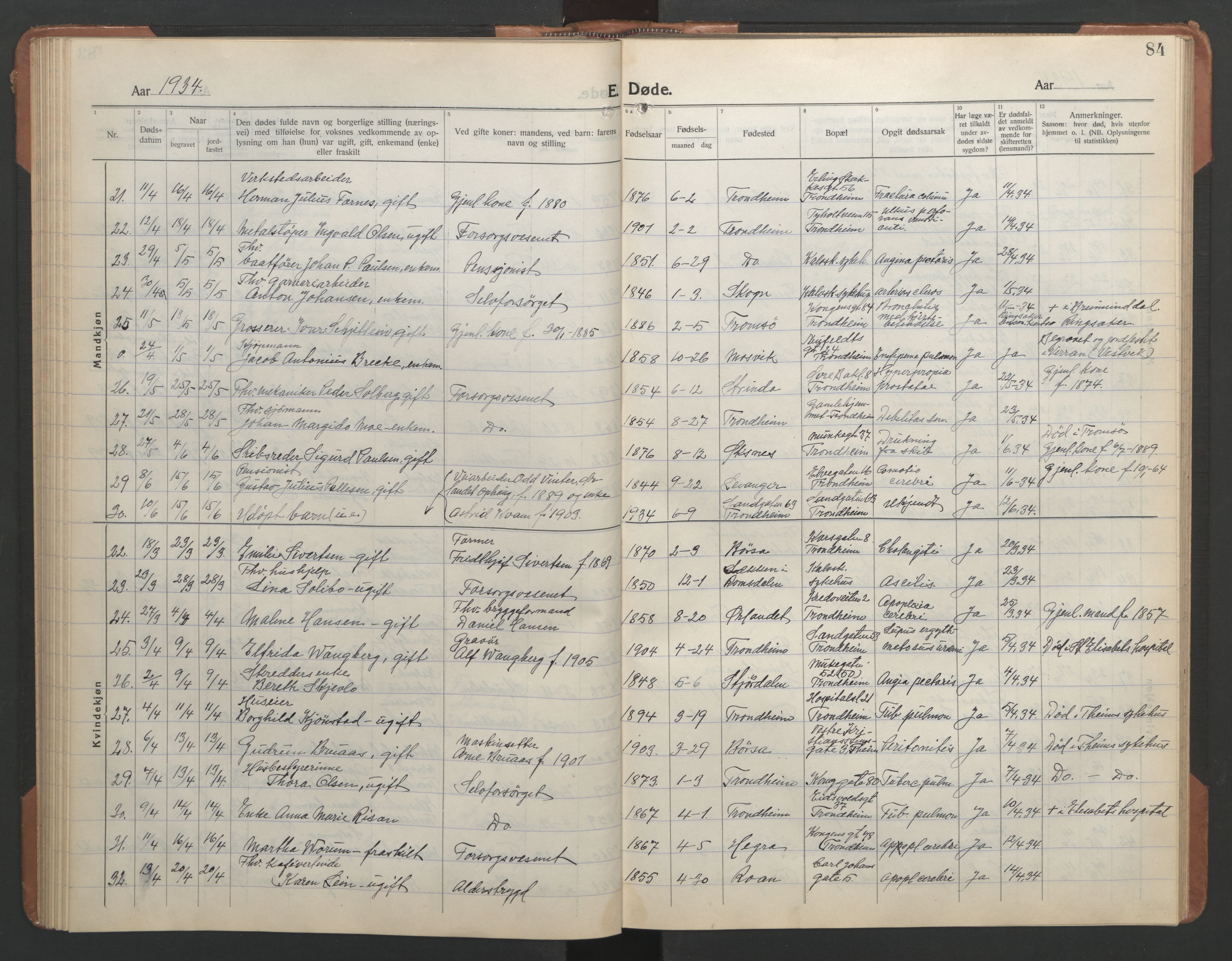 Ministerialprotokoller, klokkerbøker og fødselsregistre - Sør-Trøndelag, SAT/A-1456/602/L0150: Parish register (copy) no. 602C18, 1922-1949, p. 84