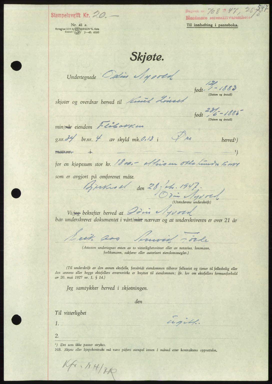 Nordmøre sorenskriveri, AV/SAT-A-4132/1/2/2Ca: Mortgage book no. A104, 1947-1947, Diary no: : 708/1947