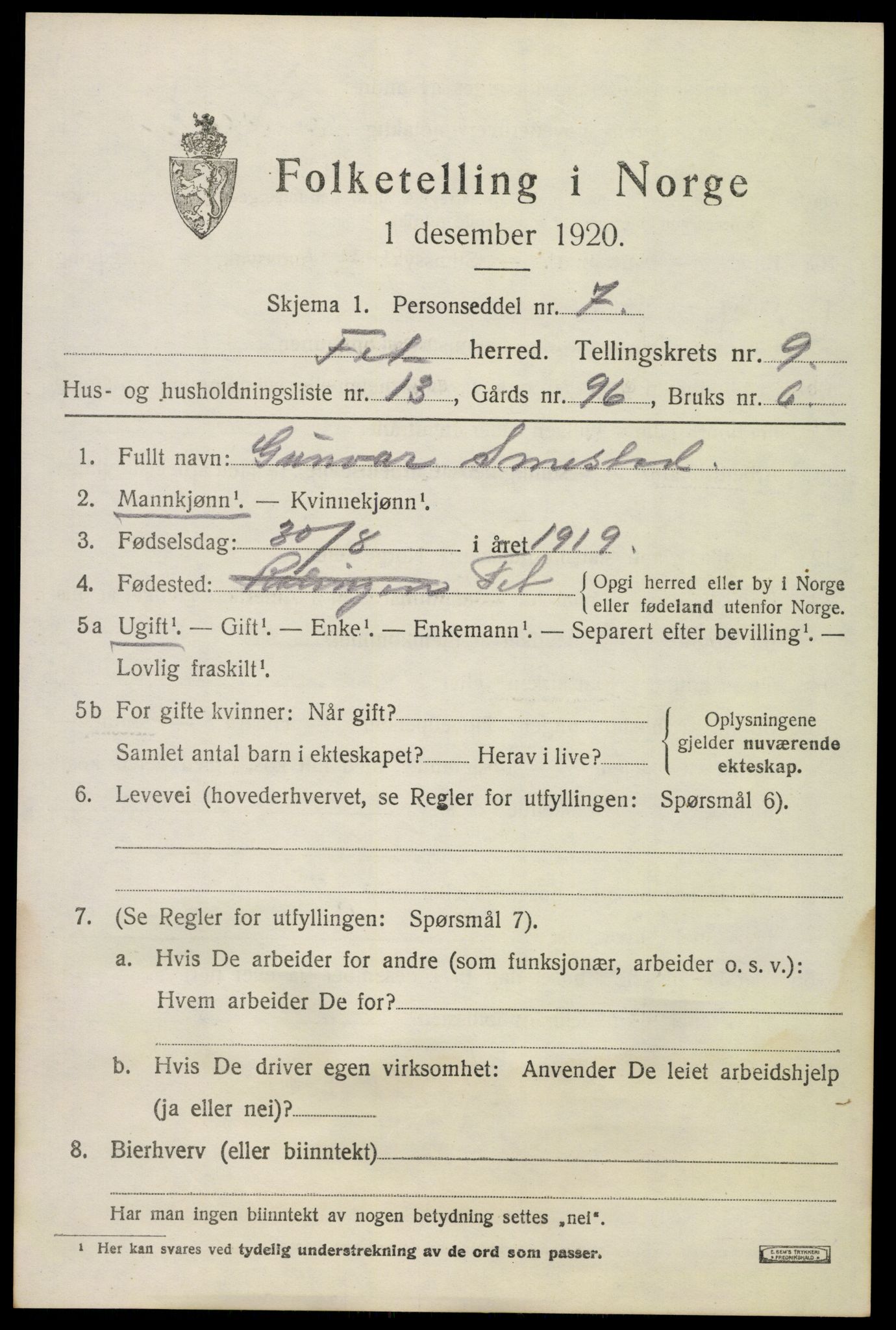 SAO, 1920 census for Fet, 1920, p. 9630