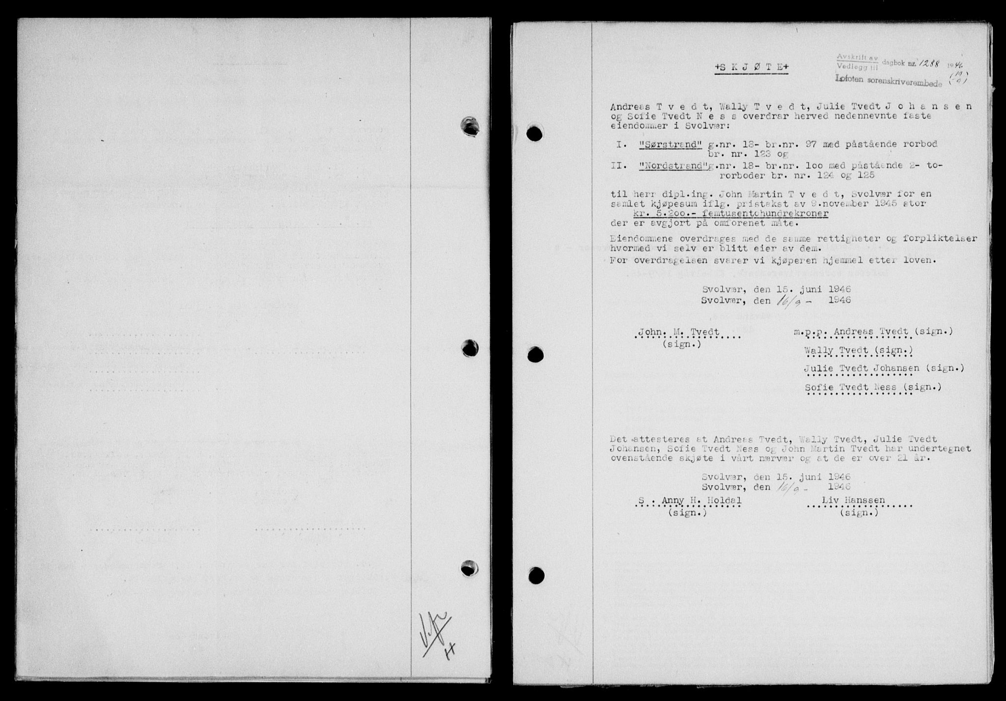 Lofoten sorenskriveri, SAT/A-0017/1/2/2C/L0014a: Mortgage book no. 14a, 1946-1946, Diary no: : 1288/1946