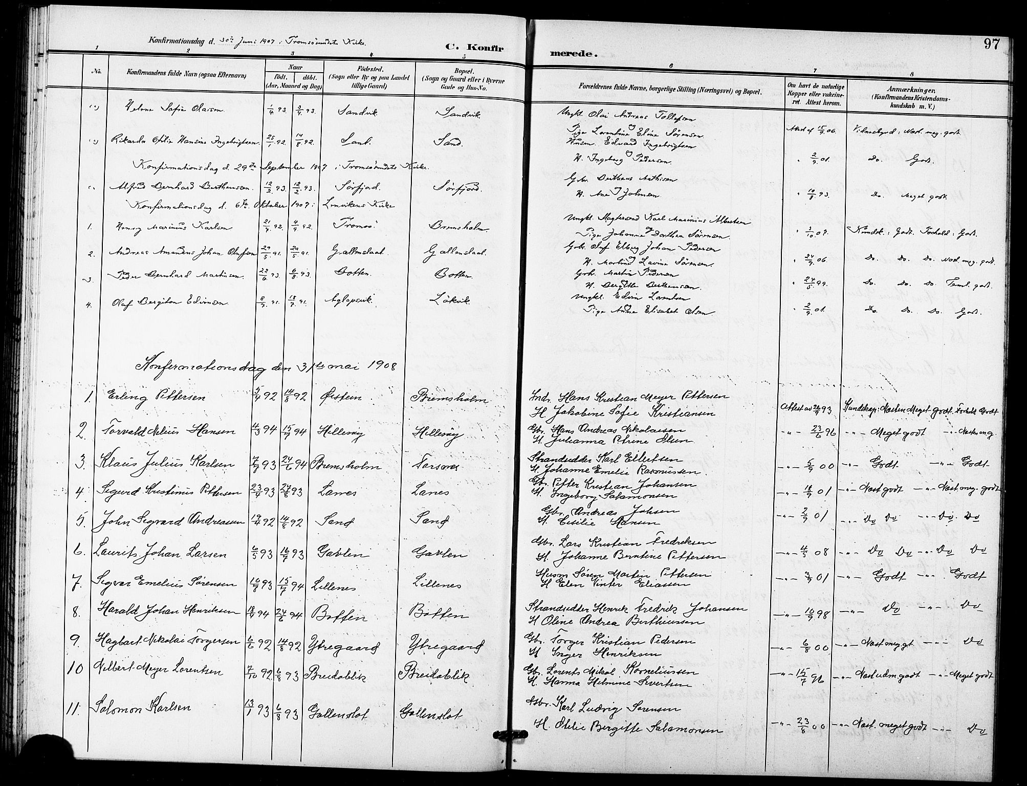 Lenvik sokneprestembete, SATØ/S-1310/H/Ha/Hab/L0022klokker: Parish register (copy) no. 22, 1901-1918, p. 97
