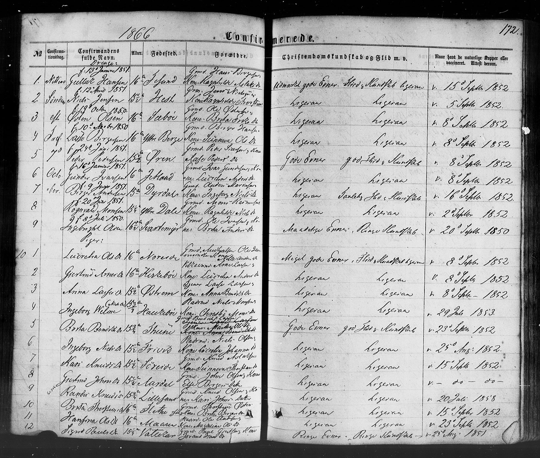 Lavik sokneprestembete, SAB/A-80901: Parish register (official) no. A 4, 1864-1881, p. 172