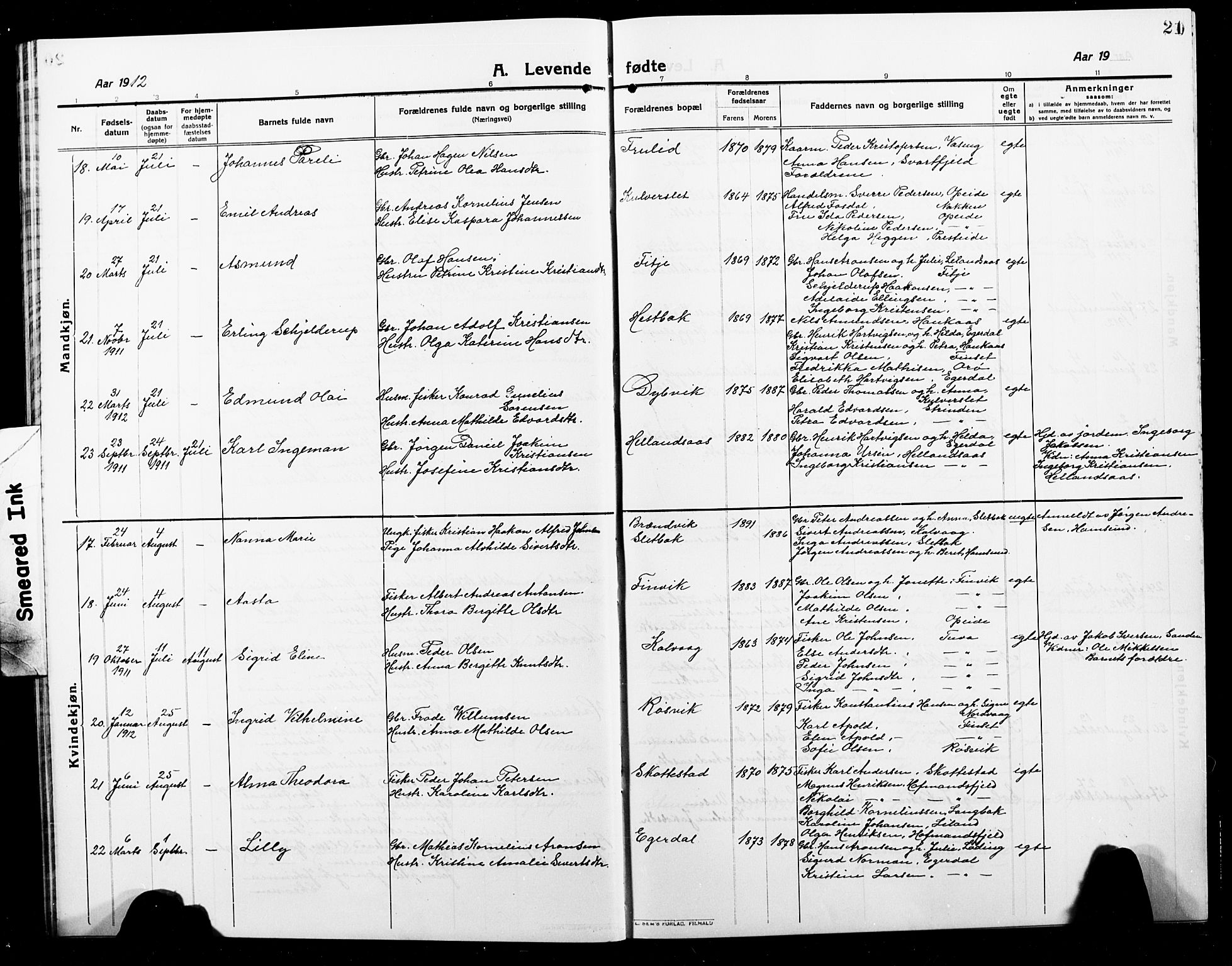 Ministerialprotokoller, klokkerbøker og fødselsregistre - Nordland, AV/SAT-A-1459/859/L0861: Parish register (copy) no. 859C07, 1910-1925, p. 21