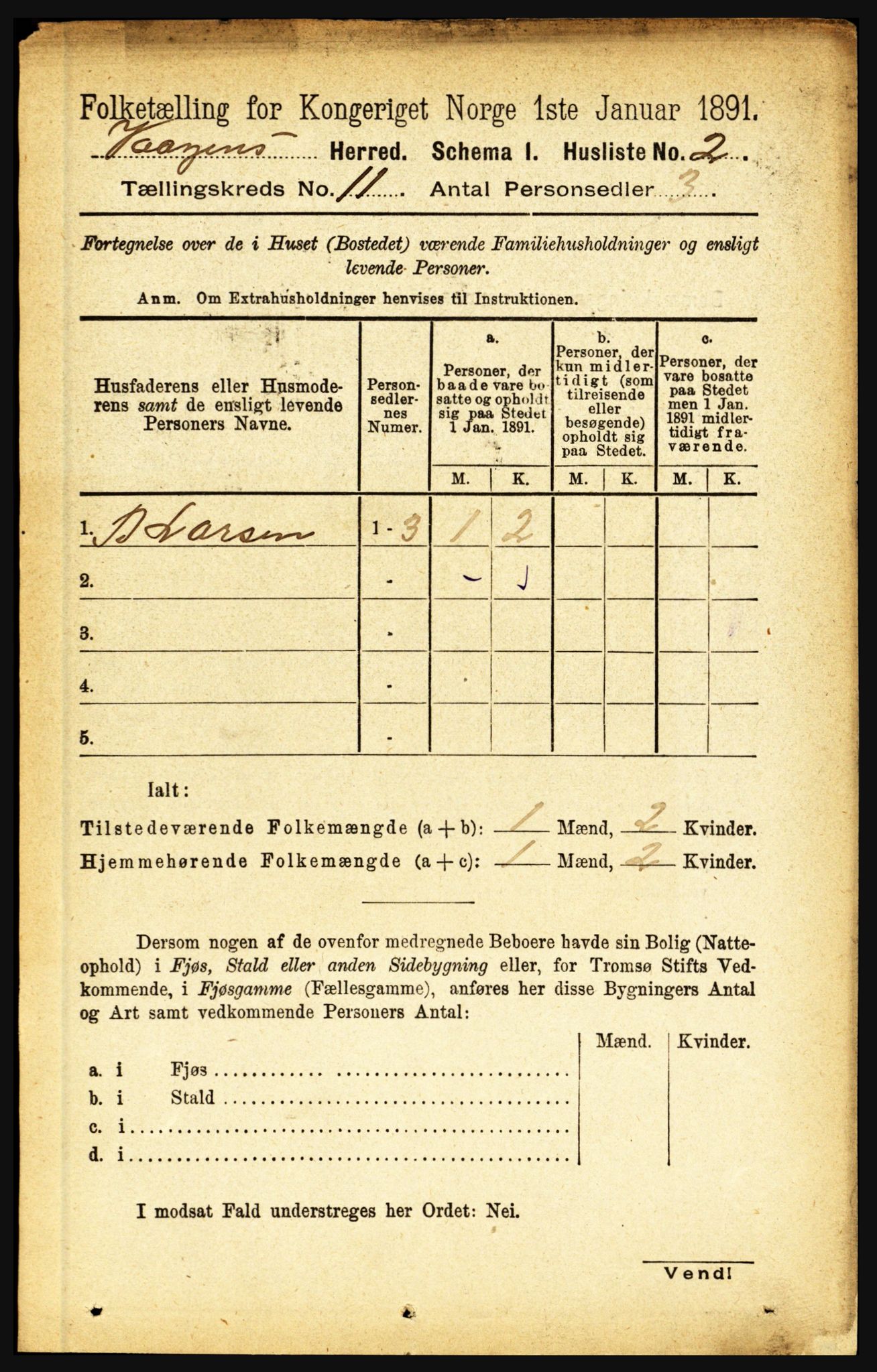 RA, 1891 census for 1865 Vågan, 1891, p. 2711