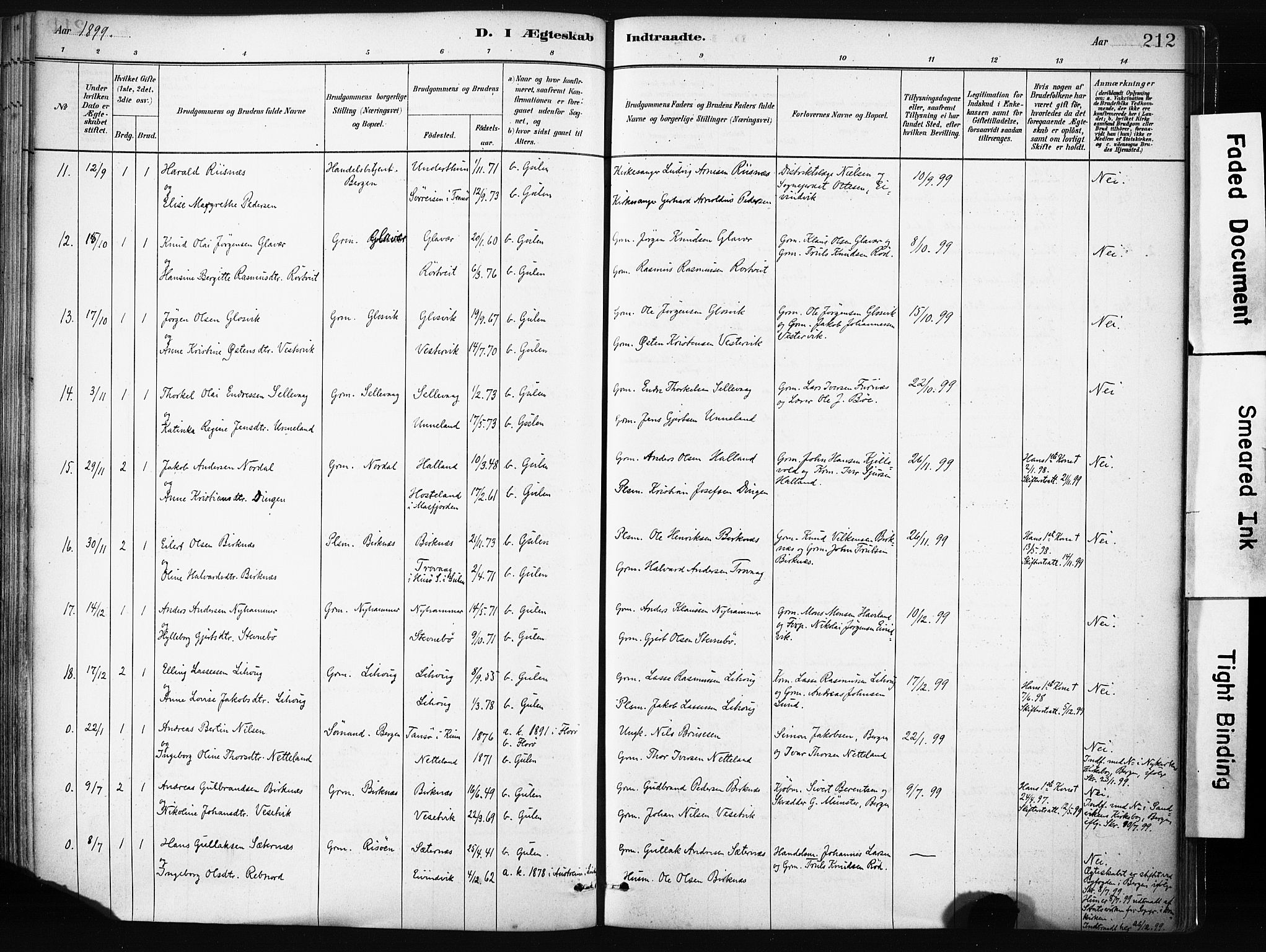 Gulen sokneprestembete, SAB/A-80201/H/Haa/Haab/L0001: Parish register (official) no. B 1, 1881-1905, p. 212