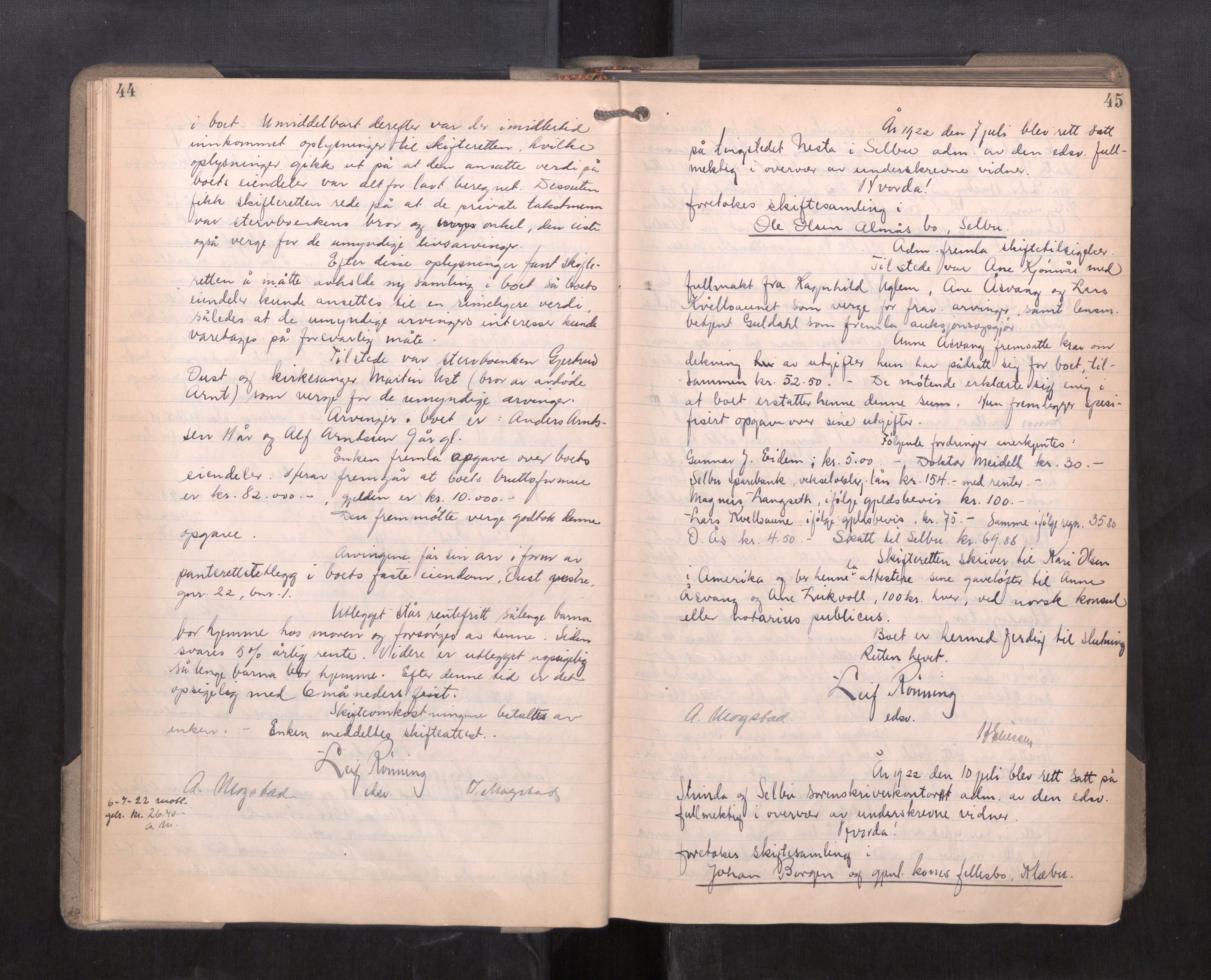Strinda og Selbu sorenskriveri, AV/SAT-A-0015/3/3B/L0014: Skifteforhandlingsprot. 14, 1922-1924, p. 44-45
