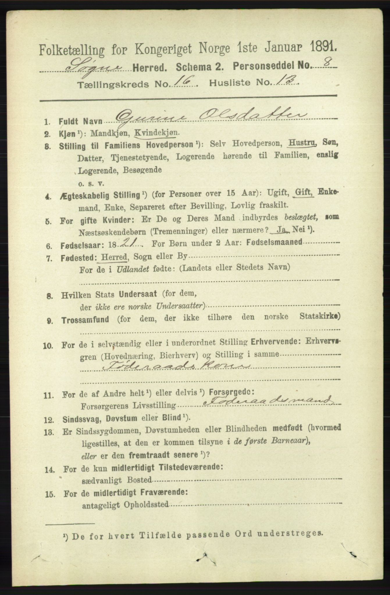 RA, 1891 census for 1018 Søgne, 1891, p. 4464