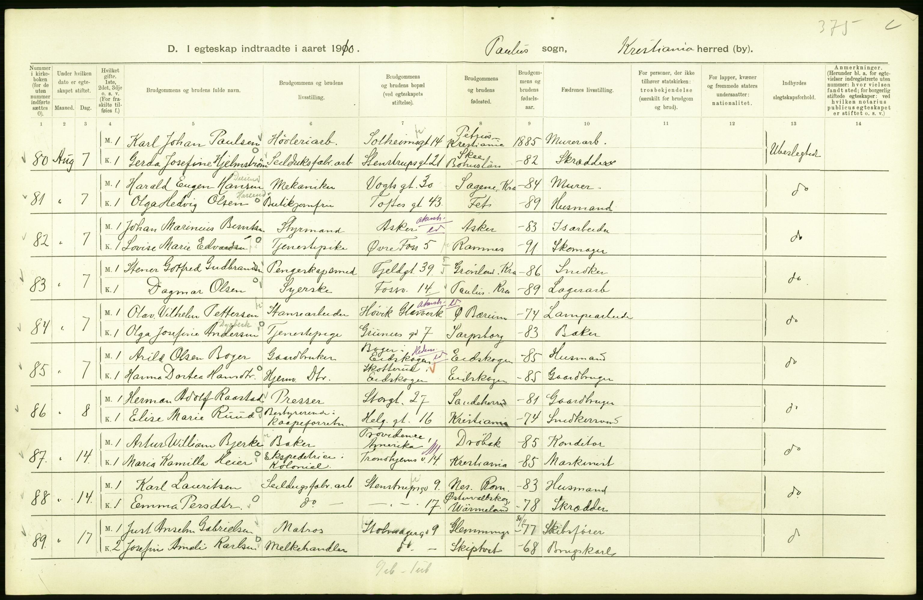 Statistisk sentralbyrå, Sosiodemografiske emner, Befolkning, AV/RA-S-2228/D/Df/Dfa/Dfah/L0009: Kristiania: Gifte og dødfødte., 1910, p. 82