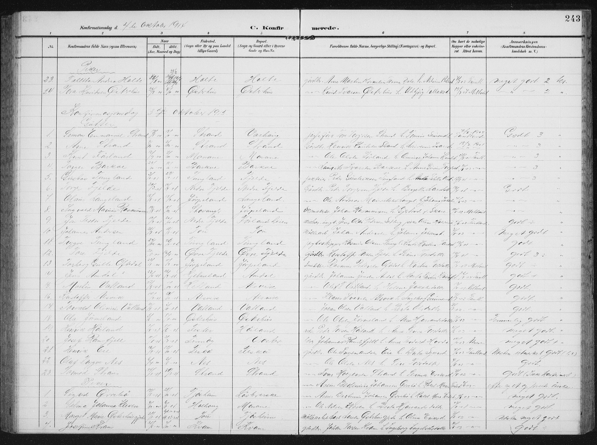 Strand sokneprestkontor, SAST/A-101828/H/Ha/Hab/L0005: Parish register (copy) no. B 5, 1904-1934, p. 243