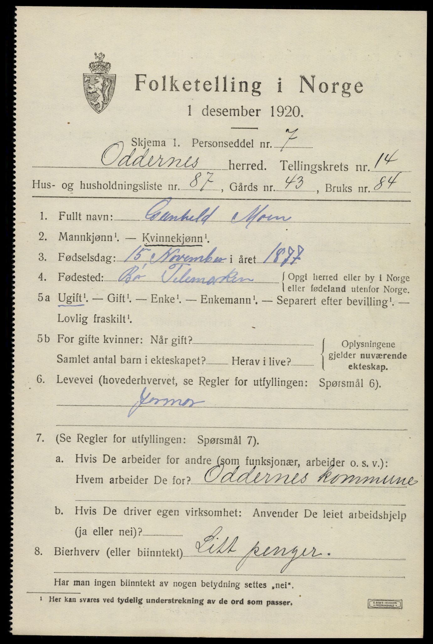 SAK, 1920 census for Oddernes, 1920, p. 9633