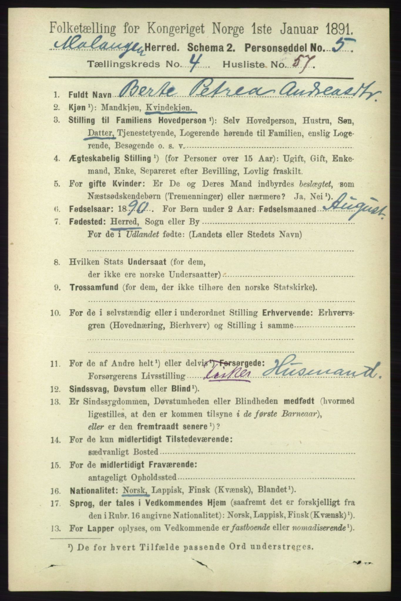 RA, 1891 census for 1932 Malangen, 1891, p. 1477