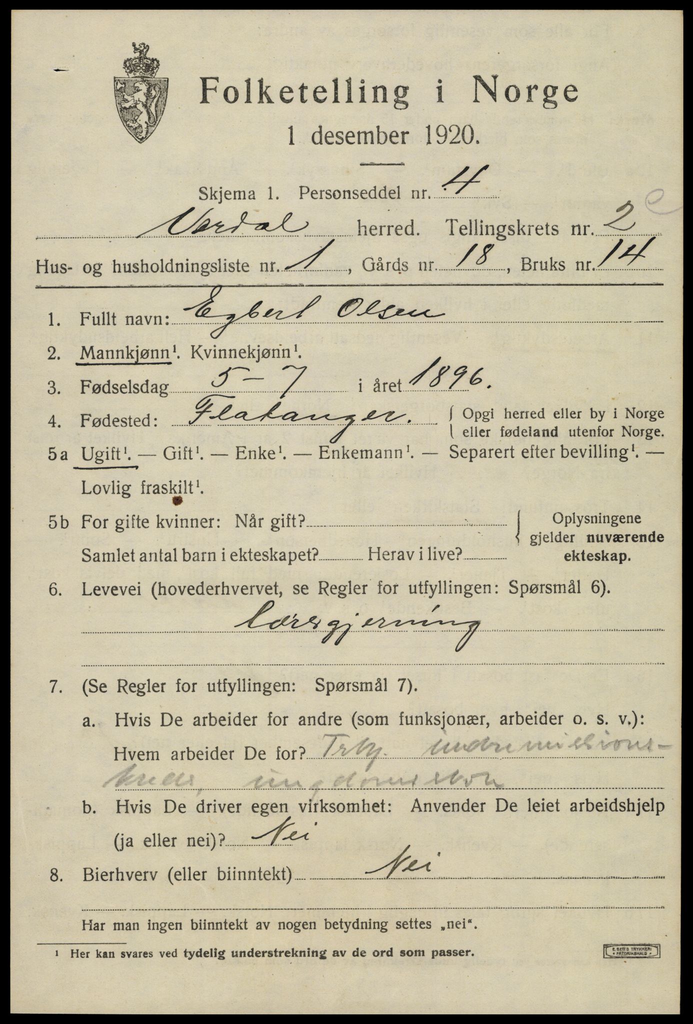 SAT, 1920 census for Verdal, 1920, p. 5333