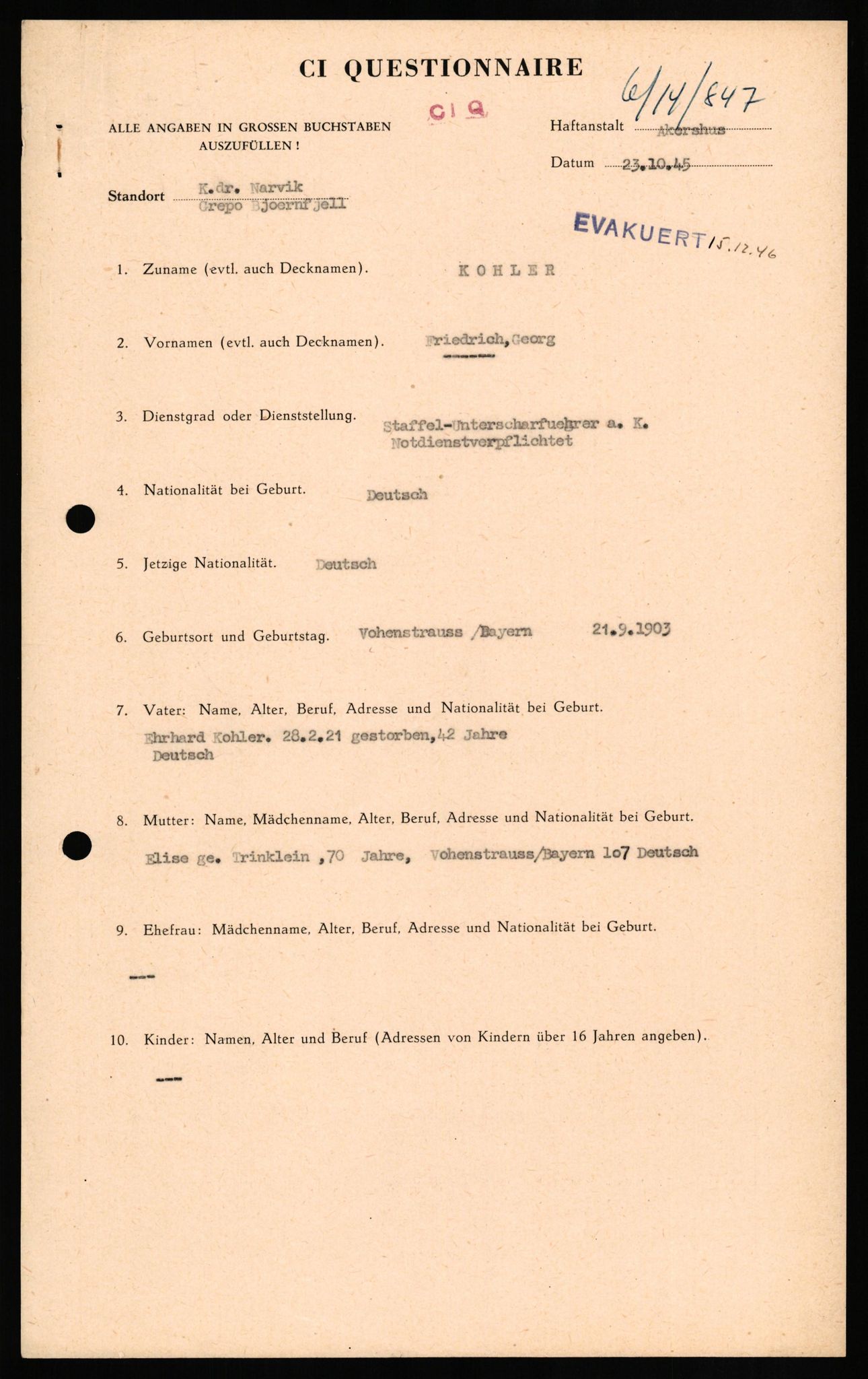 Forsvaret, Forsvarets overkommando II, AV/RA-RAFA-3915/D/Db/L0017: CI Questionaires. Tyske okkupasjonsstyrker i Norge. Tyskere., 1945-1946, p. 423