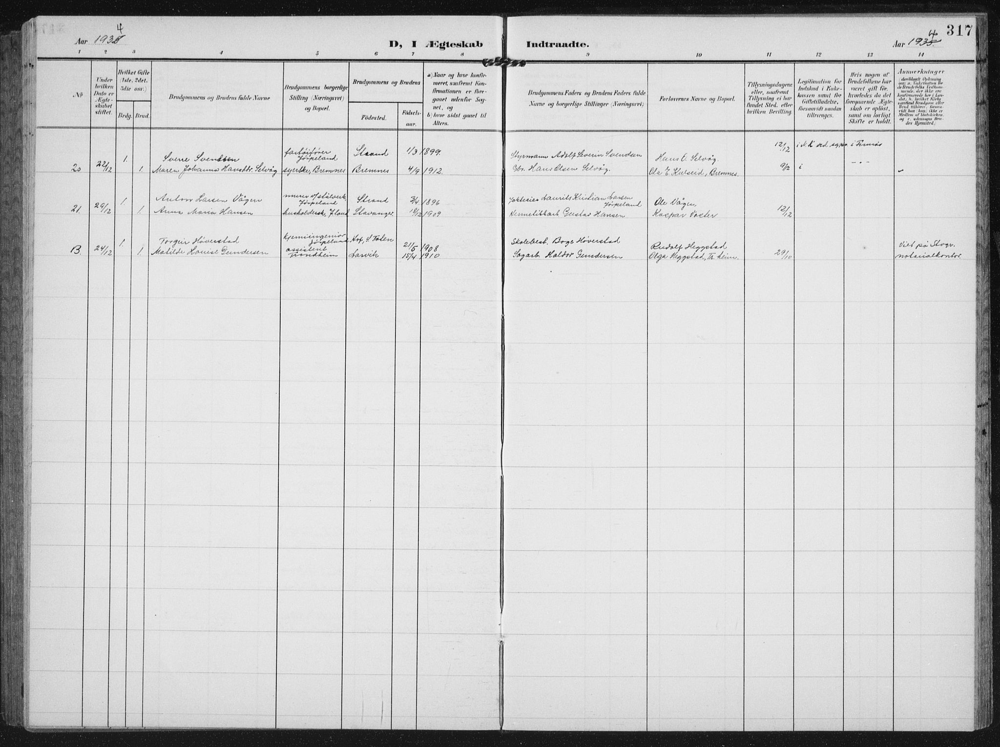 Strand sokneprestkontor, AV/SAST-A-101828/H/Ha/Hab/L0005: Parish register (copy) no. B 5, 1904-1934, p. 317