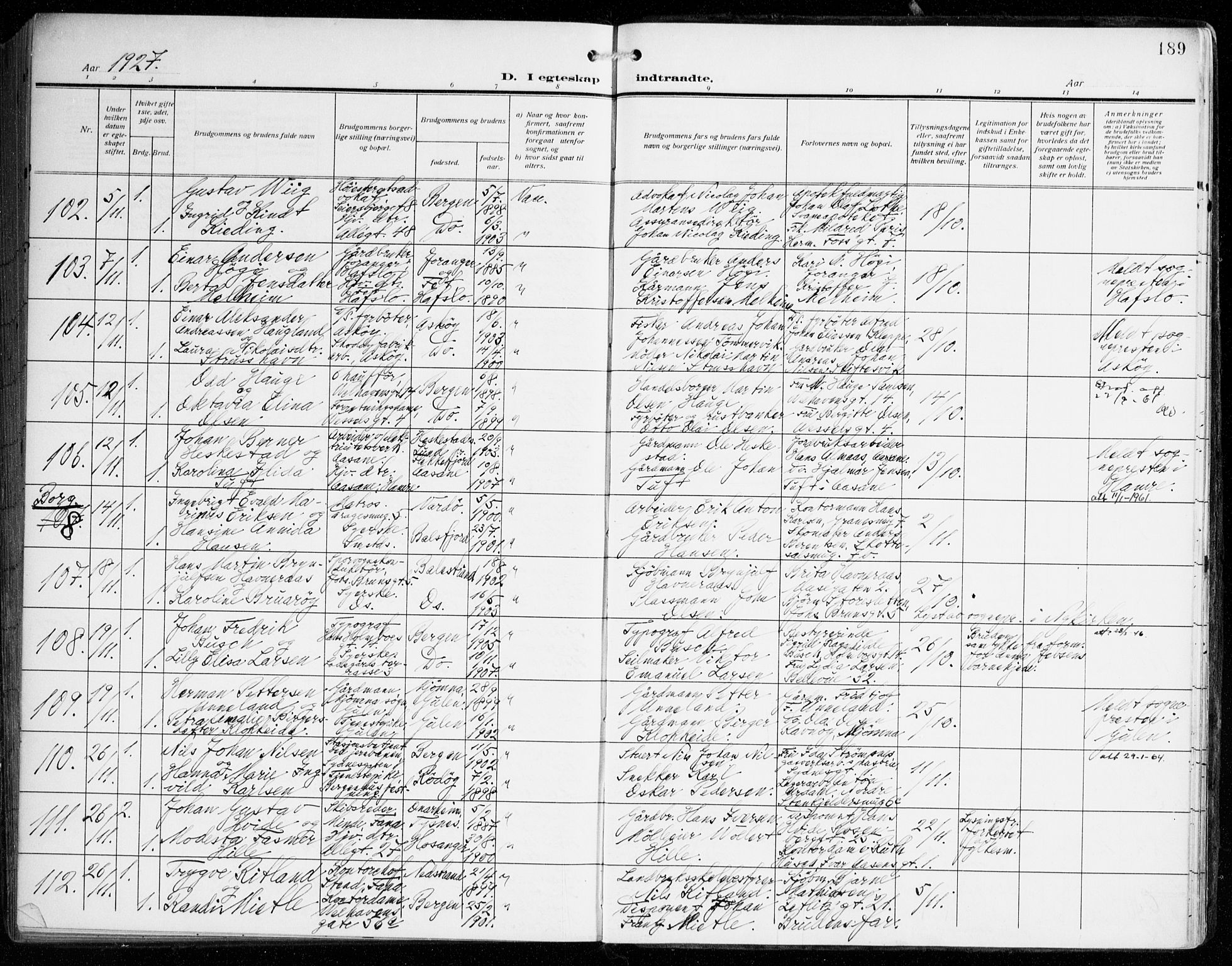 Johanneskirken sokneprestembete, AV/SAB-A-76001/H/Haa/L0013: Parish register (official) no. D 2, 1912-1929, p. 189