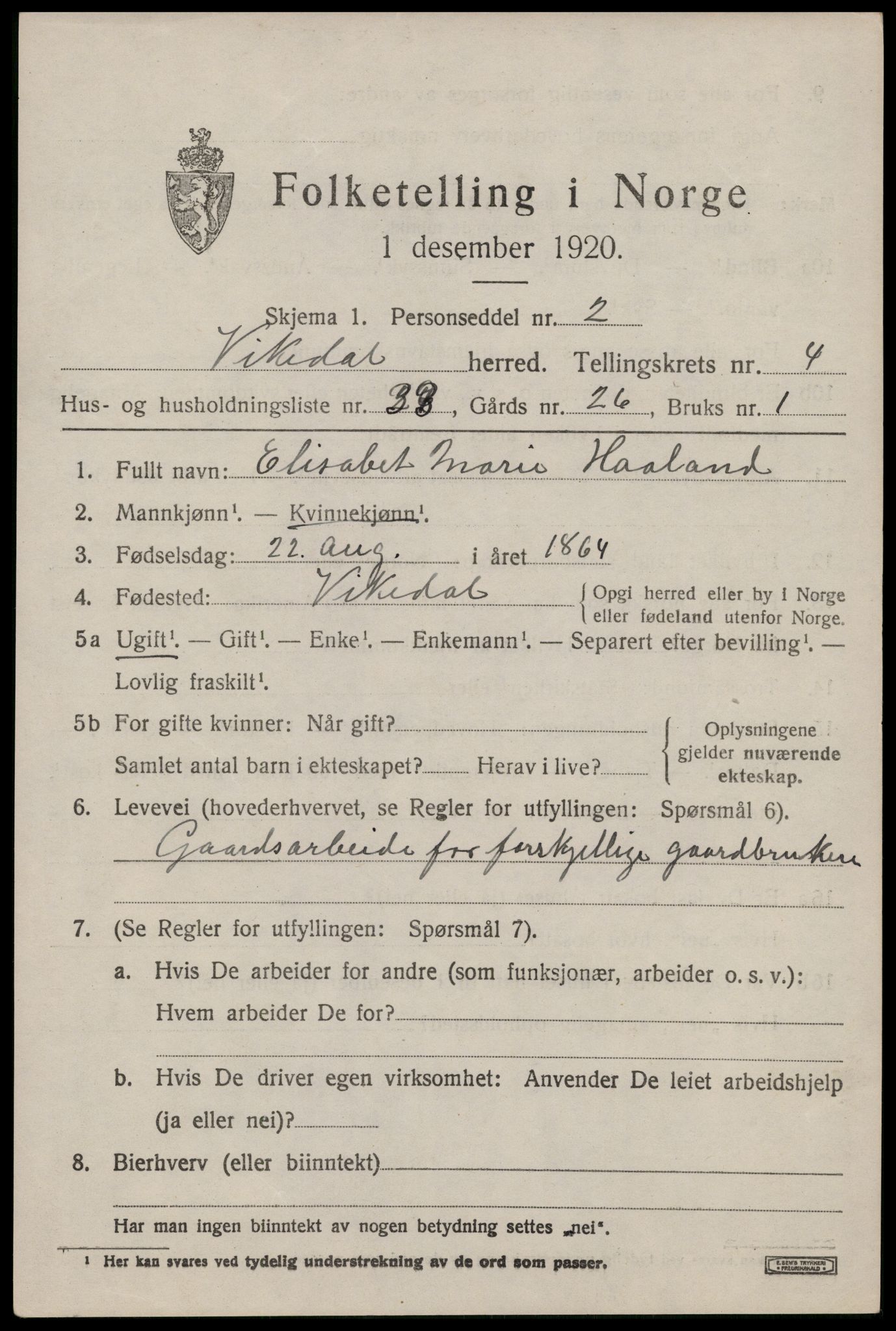 SAST, 1920 census for Vikedal, 1920, p. 2327