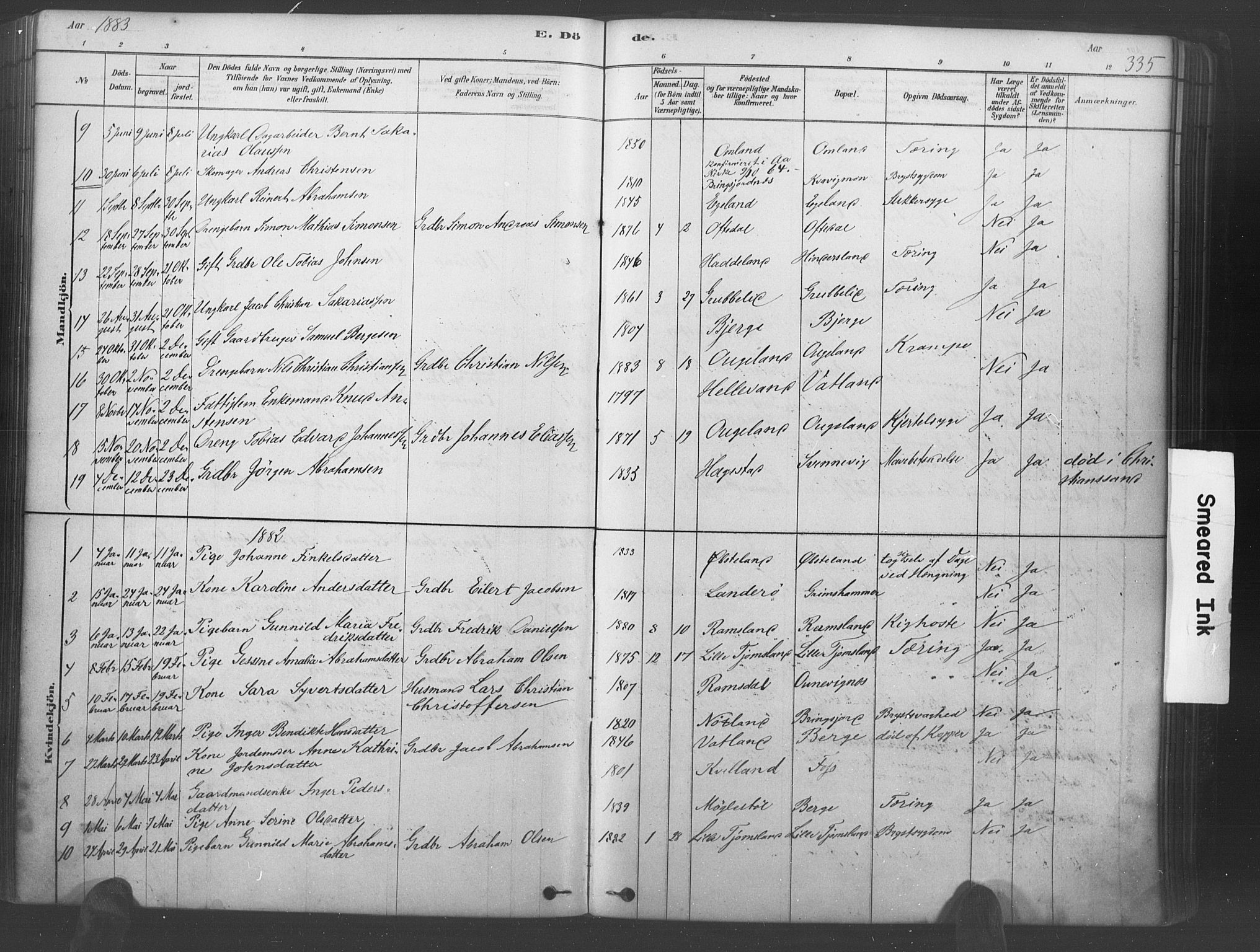 Lyngdal sokneprestkontor, AV/SAK-1111-0029/F/Fa/Fac/L0011: Parish register (official) no. A 11, 1878-1893, p. 335