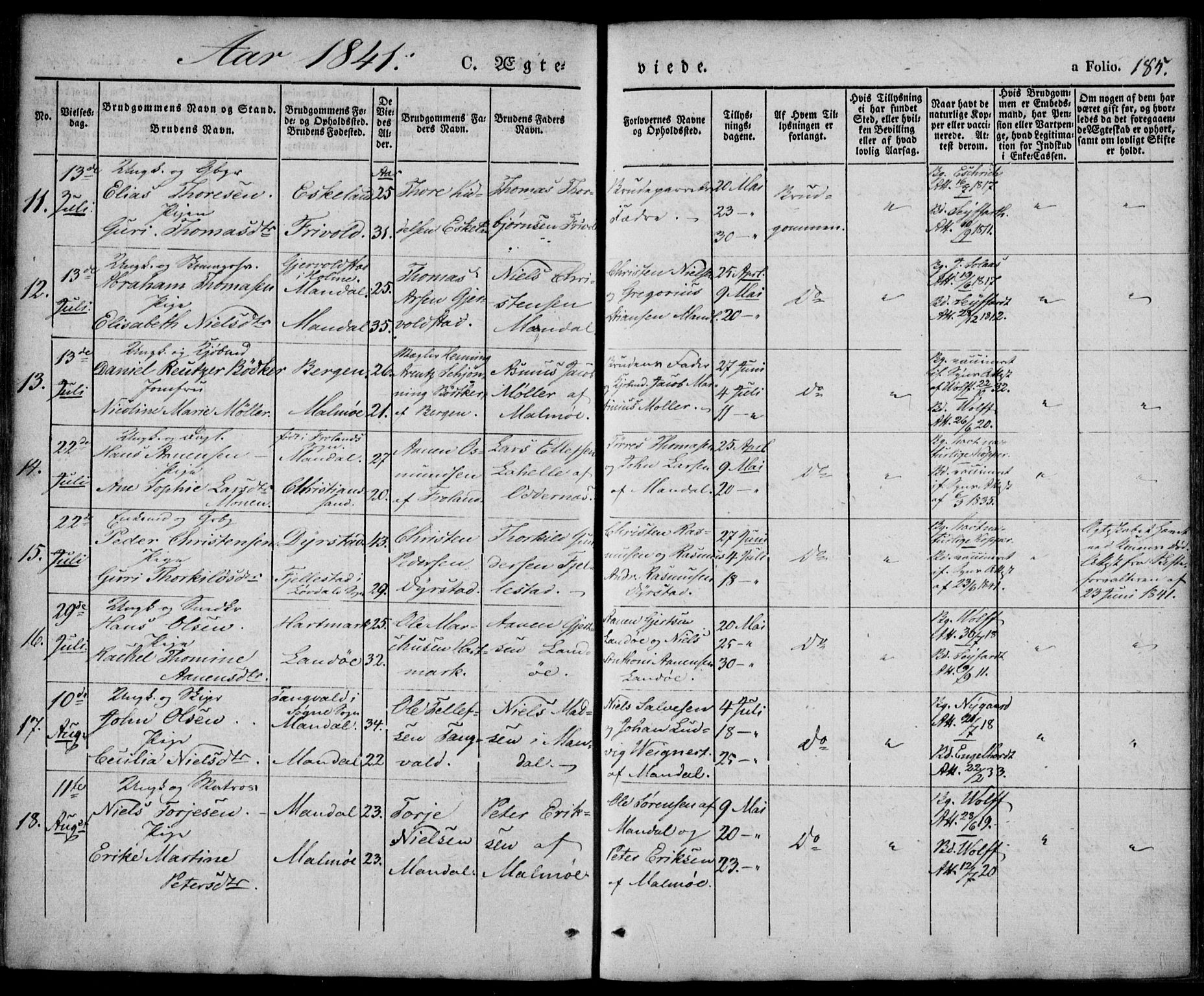 Mandal sokneprestkontor, AV/SAK-1111-0030/F/Fa/Faa/L0012: Parish register (official) no. A 12, 1840-1847, p. 185