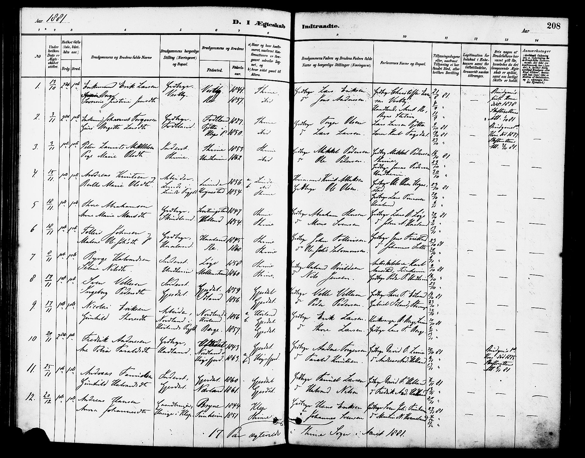 Lye sokneprestkontor, SAST/A-101794/001/30BA/L0009: Parish register (official) no. A 8, 1881-1892, p. 208