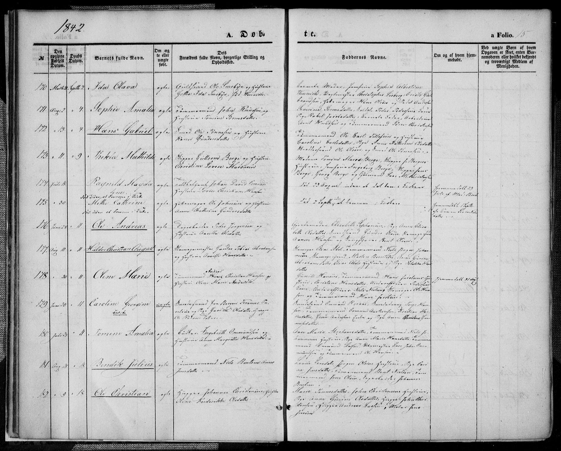 Kristiansand domprosti, AV/SAK-1112-0006/F/Fa/L0013: Parish register (official) no. A 13, 1842-1851, p. 15