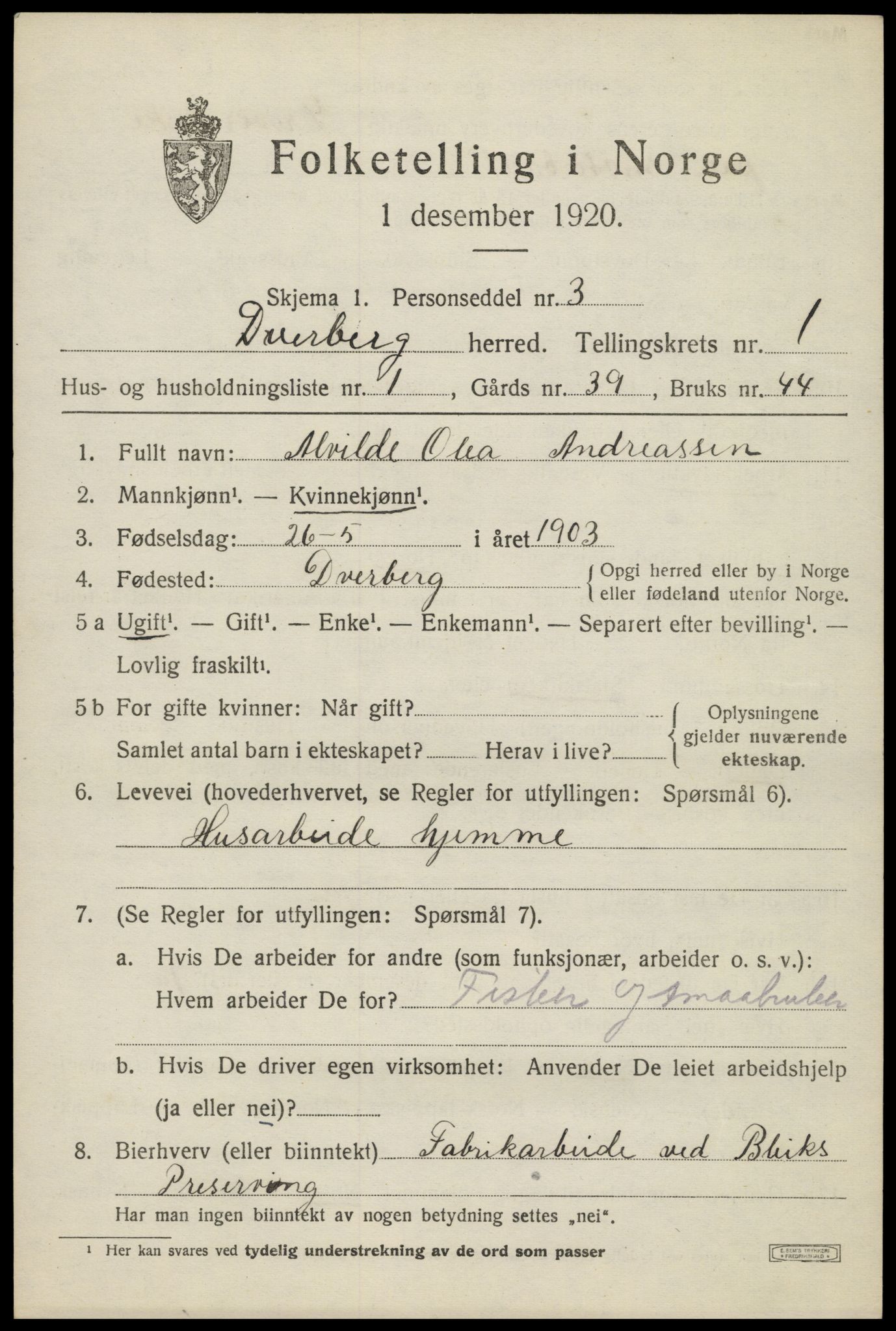 SAT, 1920 census for Dverberg, 1920, p. 1862