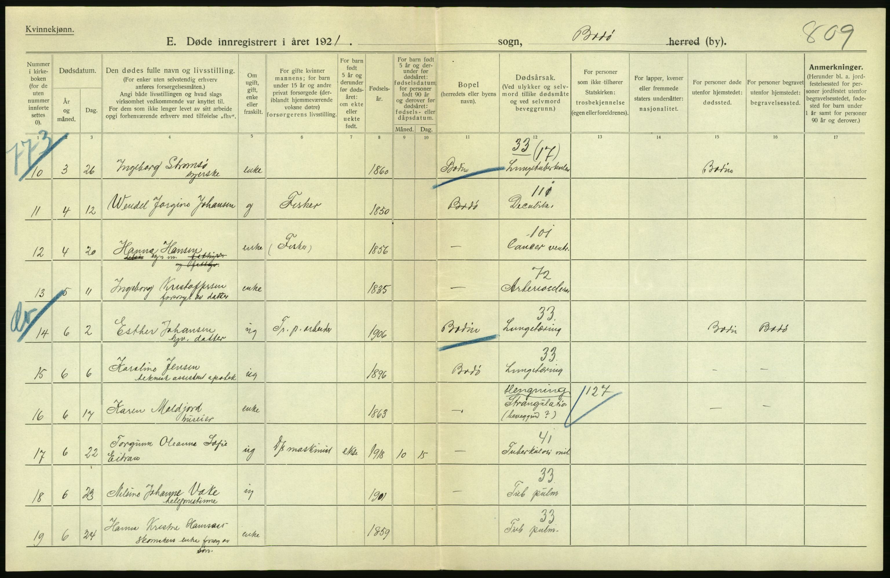 Statistisk sentralbyrå, Sosiodemografiske emner, Befolkning, AV/RA-S-2228/D/Df/Dfc/Dfca/L0051: Nordland fylke: Døde. Bygder og byer., 1921