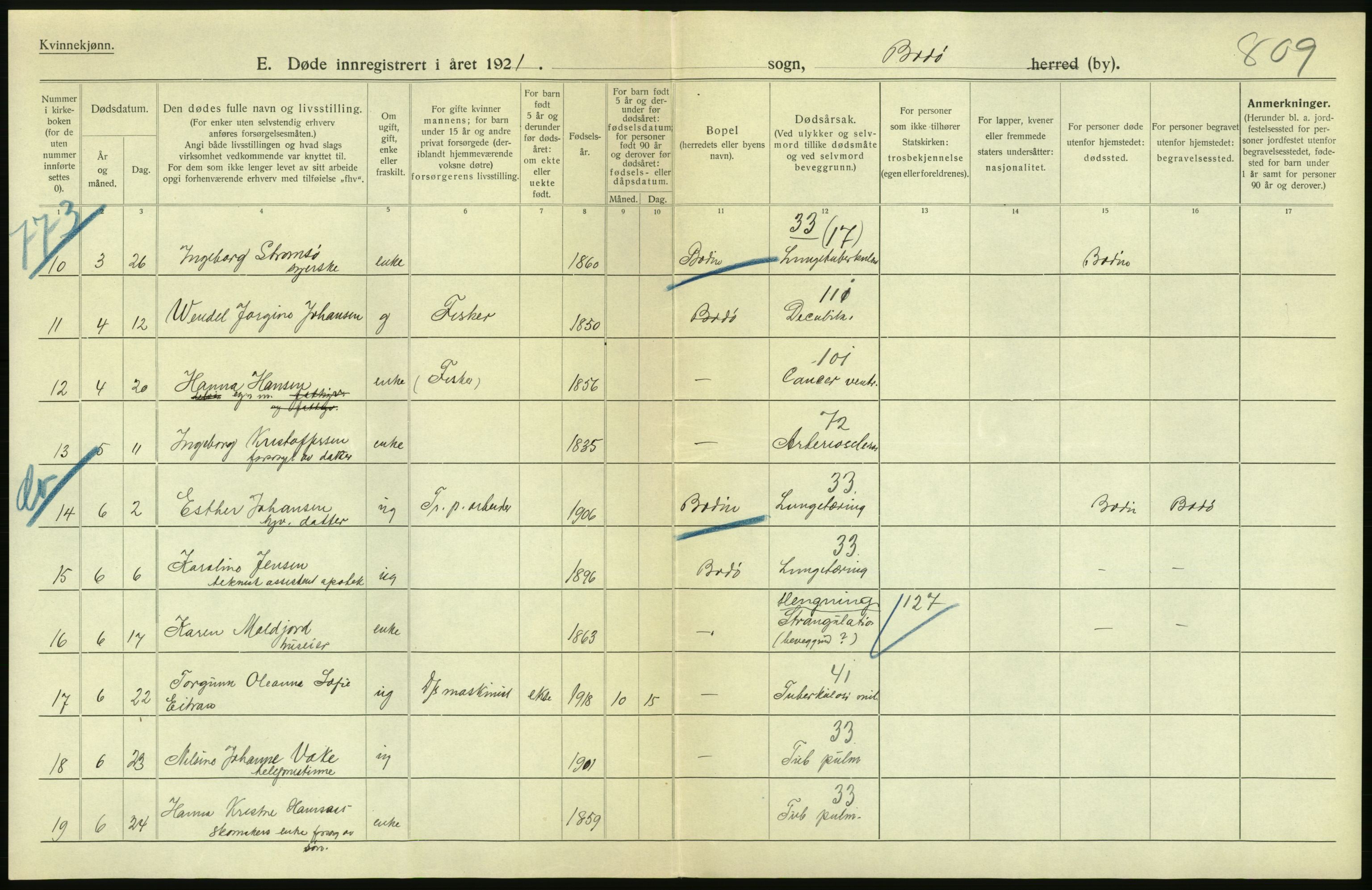 Statistisk sentralbyrå, Sosiodemografiske emner, Befolkning, RA/S-2228/D/Df/Dfc/Dfca/L0051: Nordland fylke: Døde. Bygder og byer., 1921