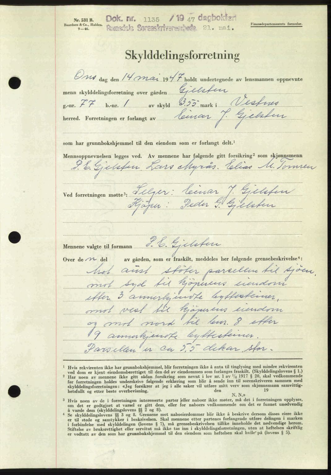 Romsdal sorenskriveri, AV/SAT-A-4149/1/2/2C: Mortgage book no. A23, 1947-1947, Diary no: : 1135/1947