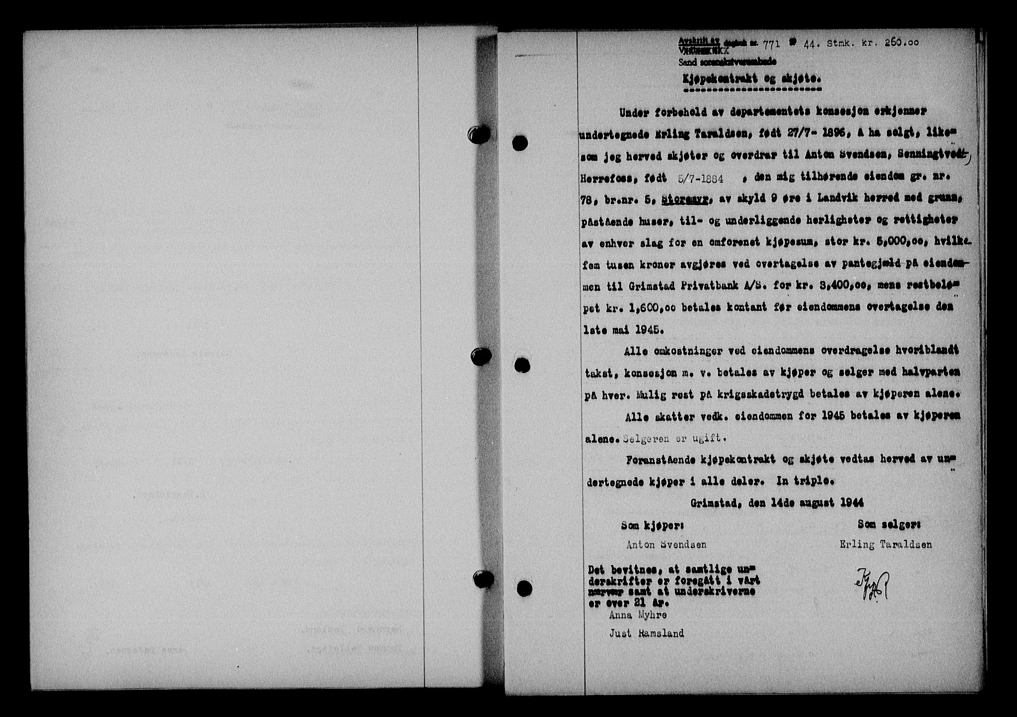 Vestre Nedenes/Sand sorenskriveri, SAK/1221-0010/G/Gb/Gba/L0053: Mortgage book no. A 6, 1944-1945, Diary no: : 771/1944