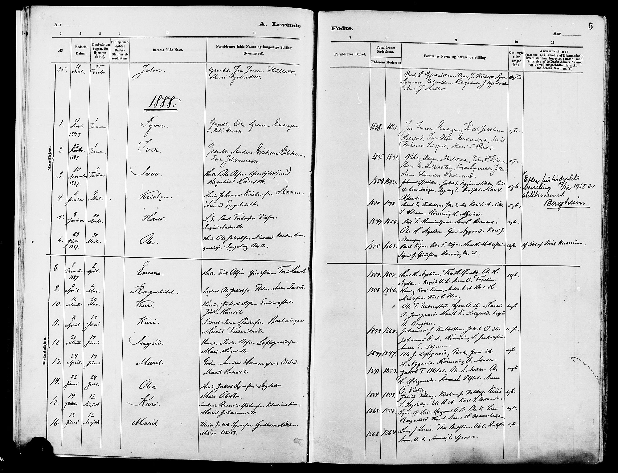 Vågå prestekontor, SAH/PREST-076/H/Ha/Haa/L0008: Parish register (official) no. 8, 1886-1904, p. 5