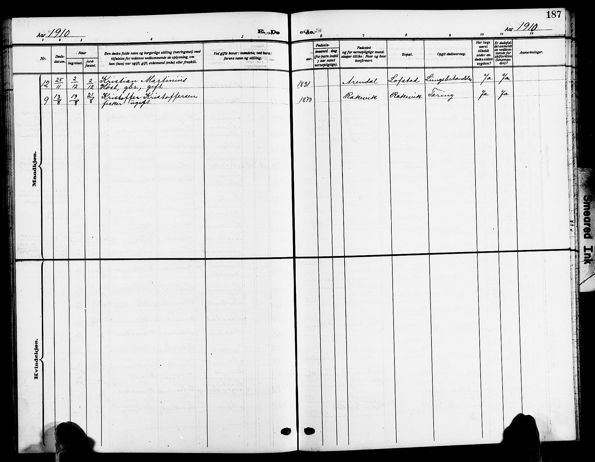 Tromøy sokneprestkontor, SAK/1111-0041/F/Fb/L0007: Parish register (copy) no. B 7, 1908-1925, p. 187