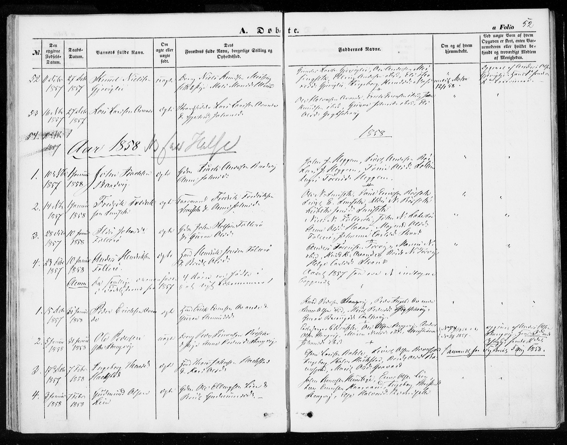 Ministerialprotokoller, klokkerbøker og fødselsregistre - Møre og Romsdal, SAT/A-1454/592/L1026: Parish register (official) no. 592A04, 1849-1867, p. 52