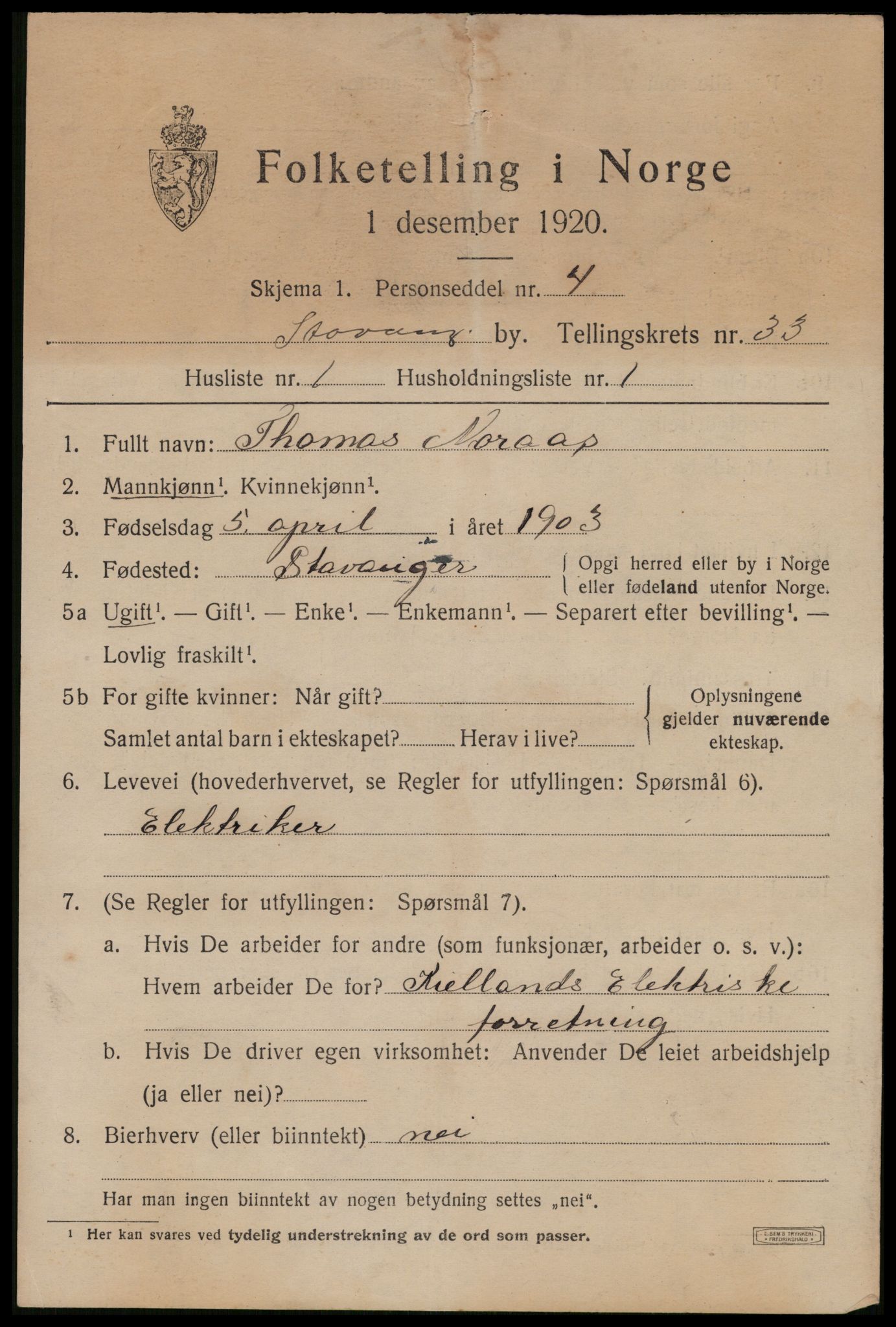 SAST, 1920 census for Stavanger, 1920, p. 90706