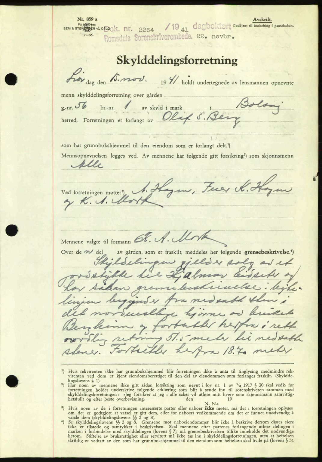 Romsdal sorenskriveri, AV/SAT-A-4149/1/2/2C: Mortgage book no. A11, 1941-1942, Diary no: : 2264/1941