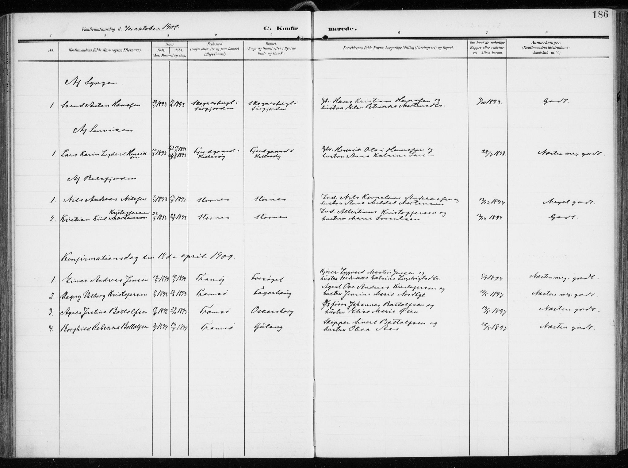 Tromsøysund sokneprestkontor, SATØ/S-1304/G/Ga/L0007kirke: Parish register (official) no. 7, 1907-1914, p. 186