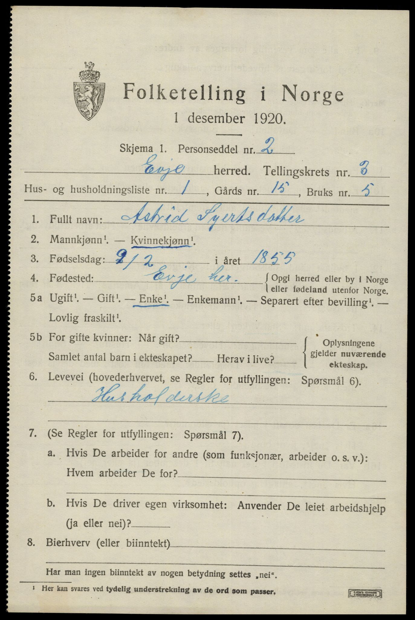 SAK, 1920 census for Evje, 1920, p. 984