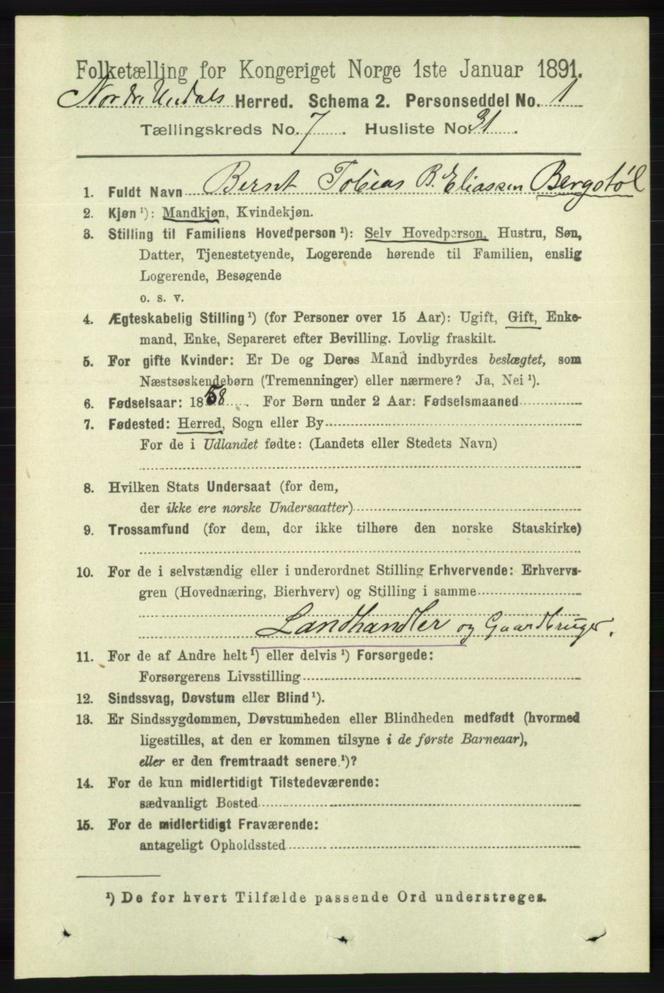 RA, 1891 census for 1028 Nord-Audnedal, 1891, p. 1972