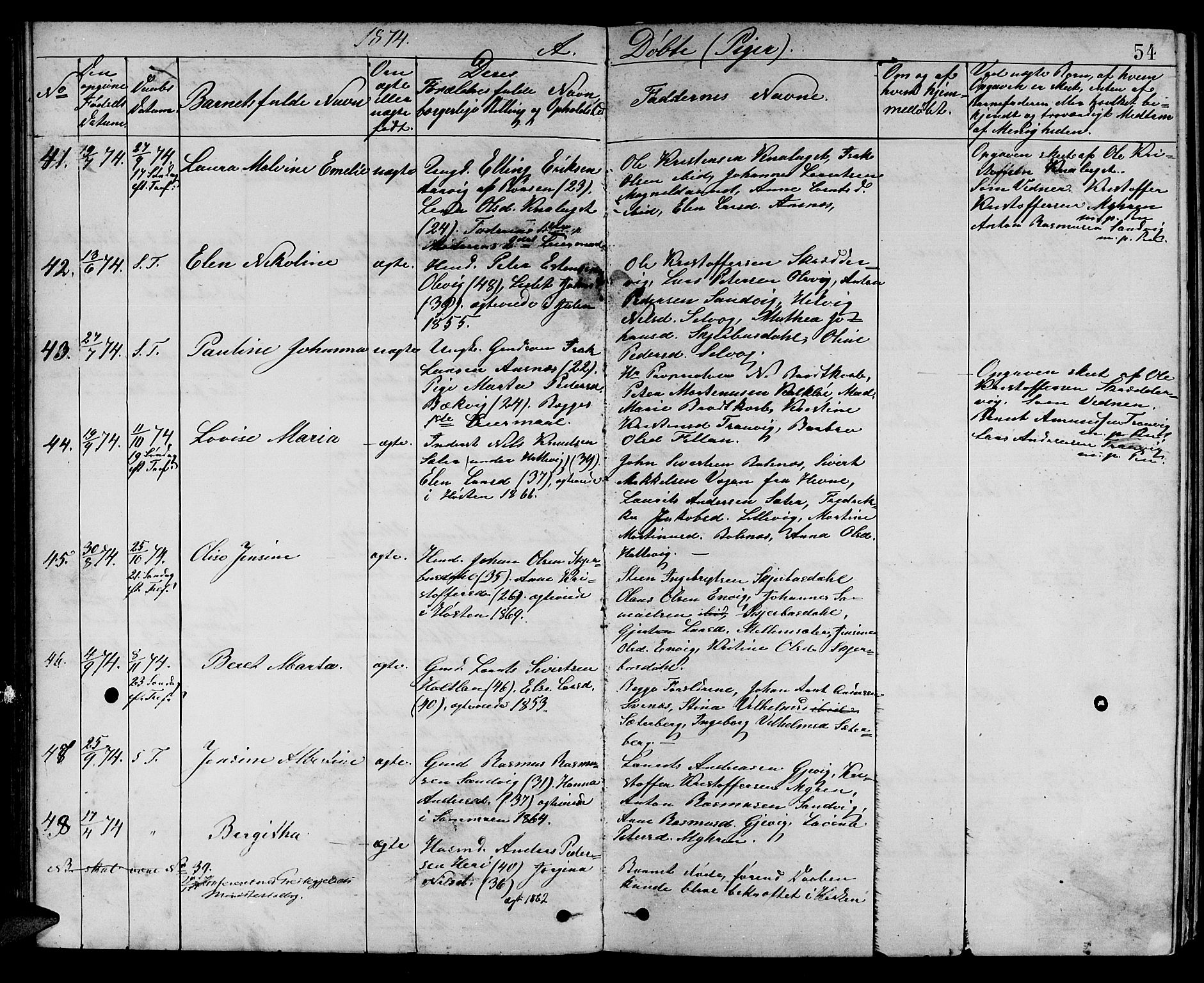Ministerialprotokoller, klokkerbøker og fødselsregistre - Sør-Trøndelag, SAT/A-1456/637/L0561: Parish register (copy) no. 637C02, 1873-1882, p. 54