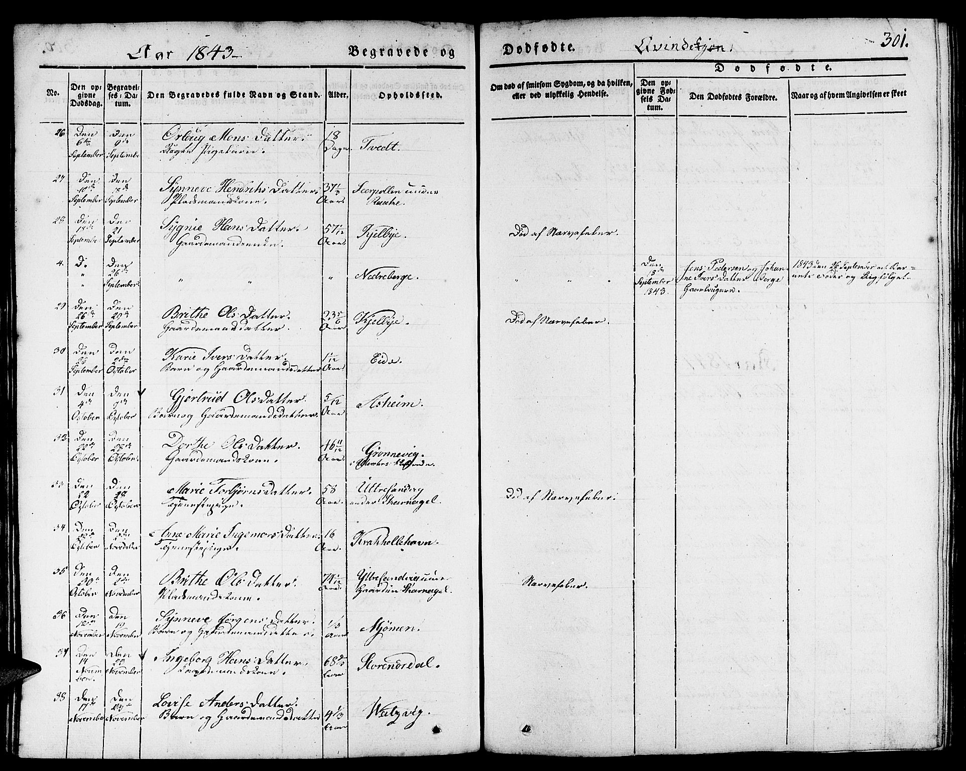 Gulen sokneprestembete, AV/SAB-A-80201/H/Haa/Haaa/L0020: Parish register (official) no. A 20, 1837-1847, p. 301