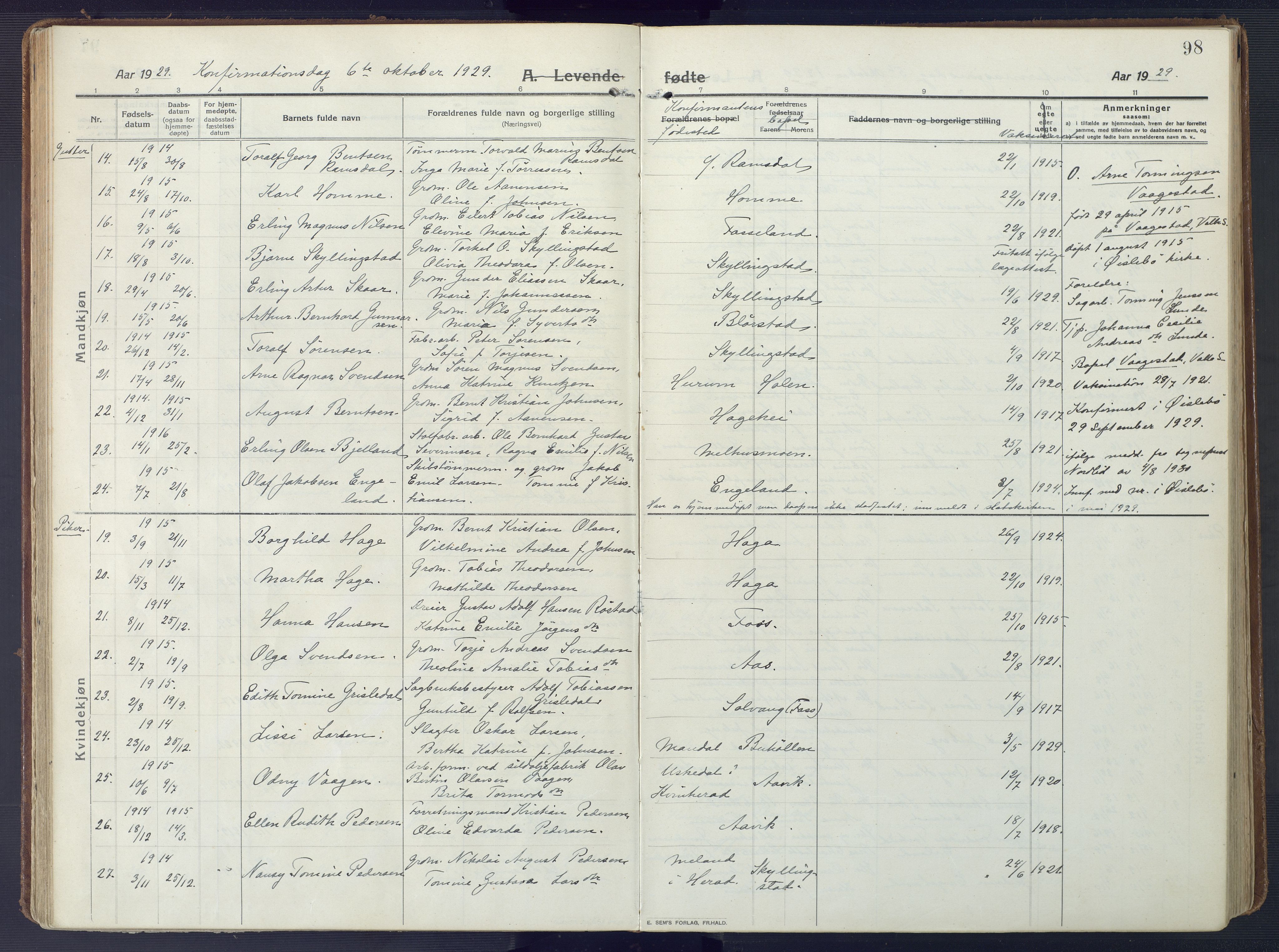 Sør-Audnedal sokneprestkontor, AV/SAK-1111-0039/F/Fa/Fab/L0011: Parish register (official) no. A 11, 1912-1938, p. 98