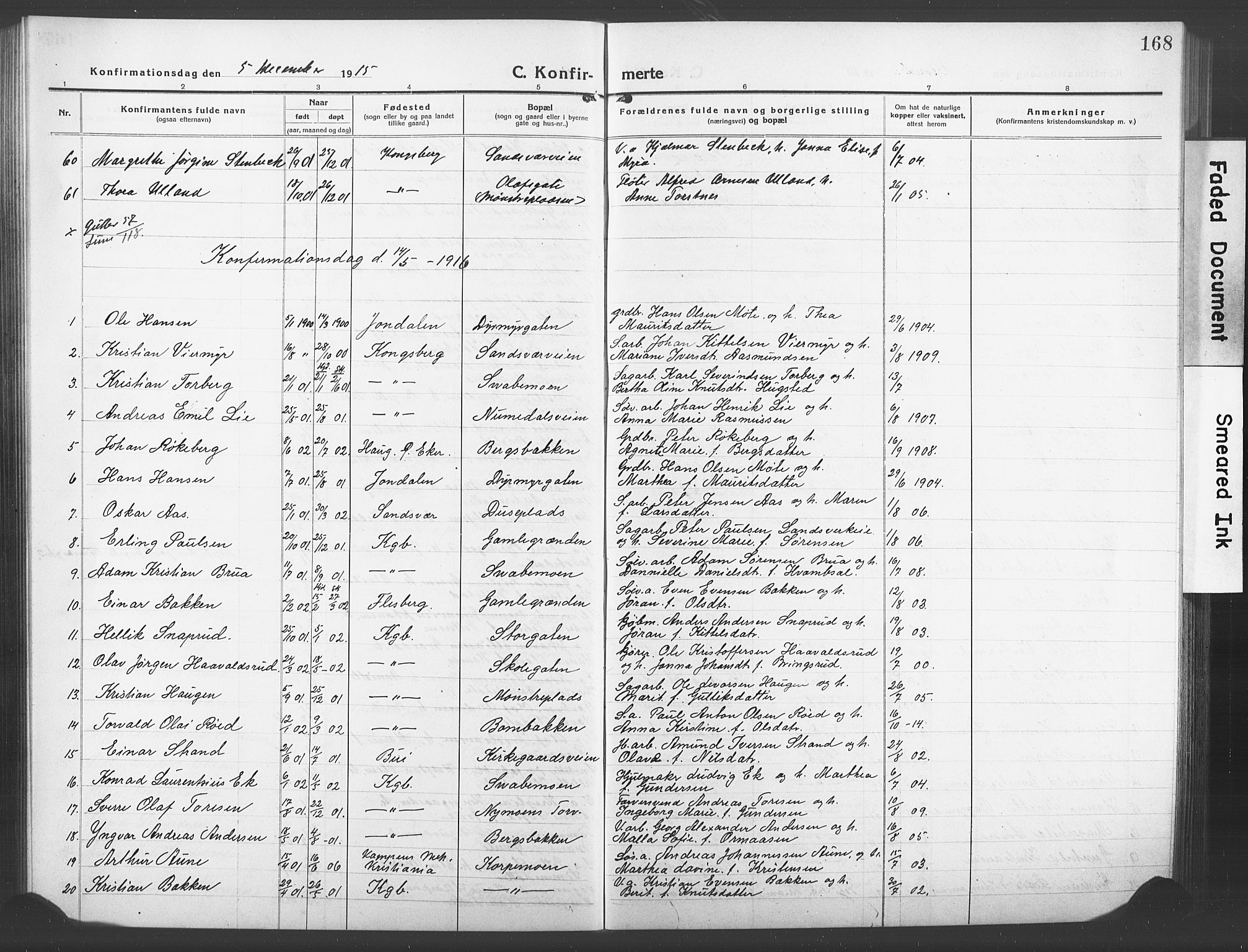 Kongsberg kirkebøker, AV/SAKO-A-22/G/Ga/L0008: Parish register (copy) no. 8, 1915-1932, p. 168