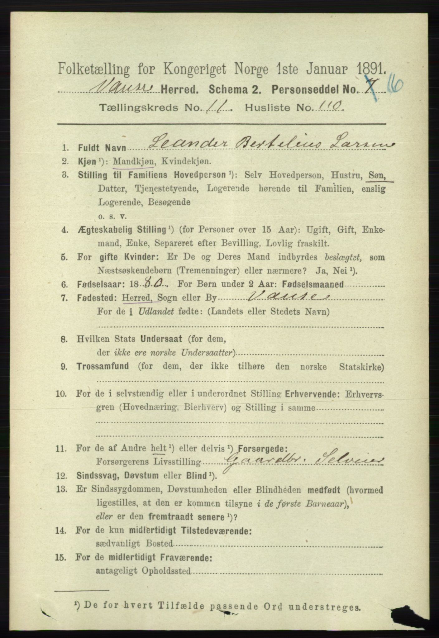 RA, 1891 census for 1041 Vanse, 1891, p. 6663