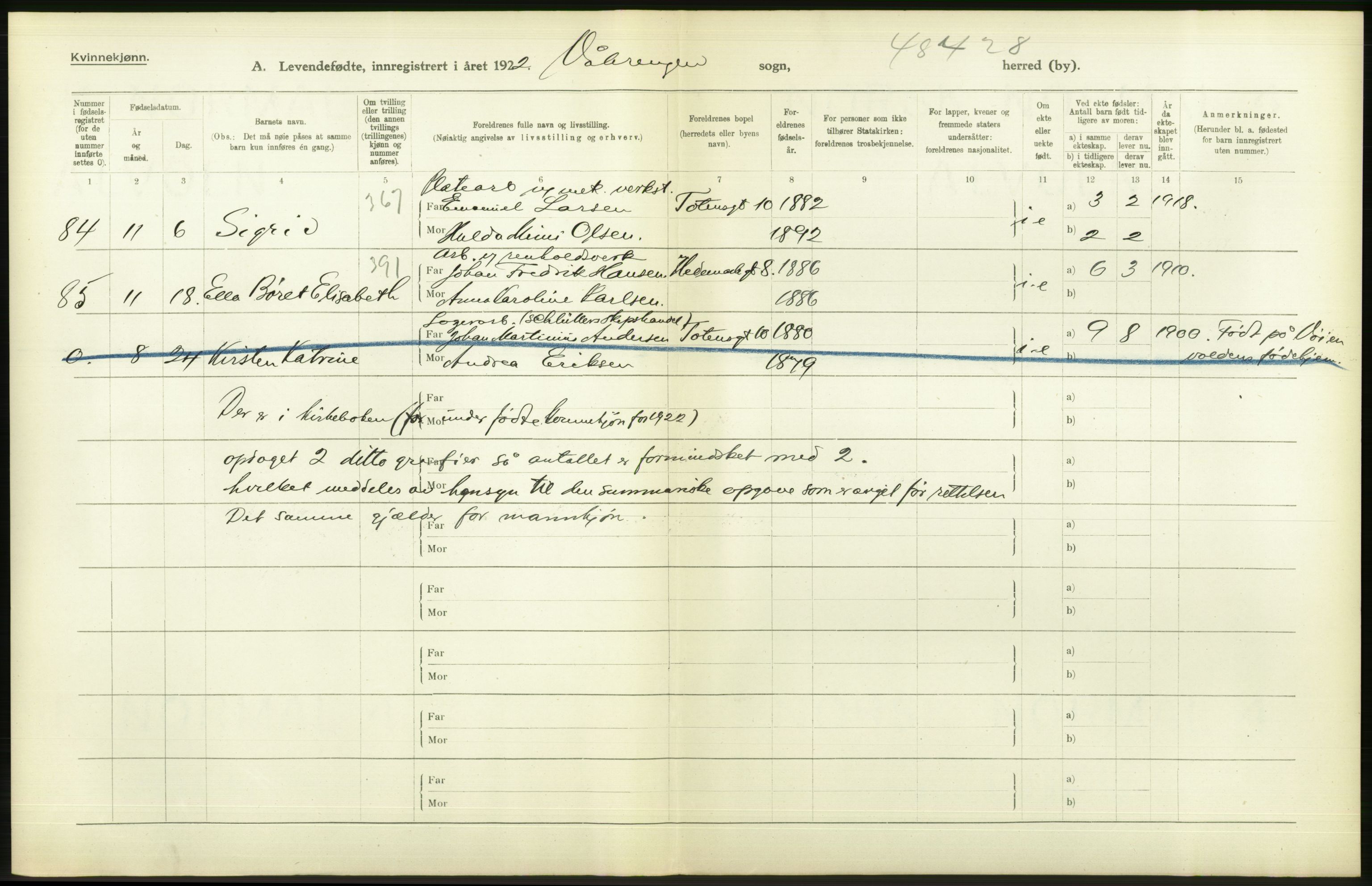 Statistisk sentralbyrå, Sosiodemografiske emner, Befolkning, AV/RA-S-2228/D/Df/Dfc/Dfcb/L0007: Kristiania: Levendefødte menn og kvinner., 1922, p. 560