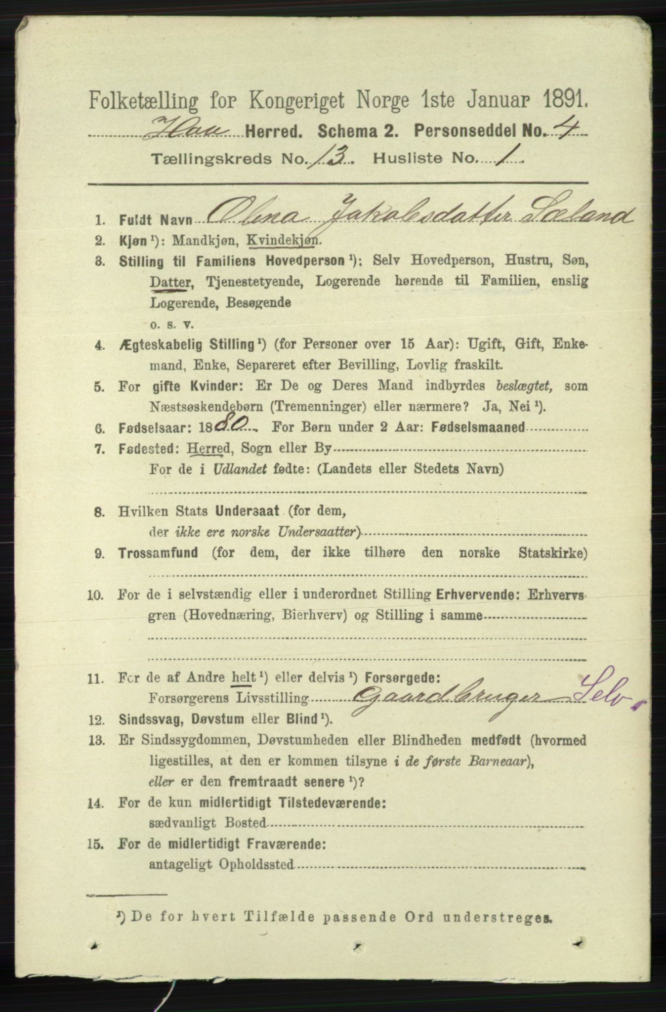 RA, 1891 census for 1119 Hå, 1891, p. 3159