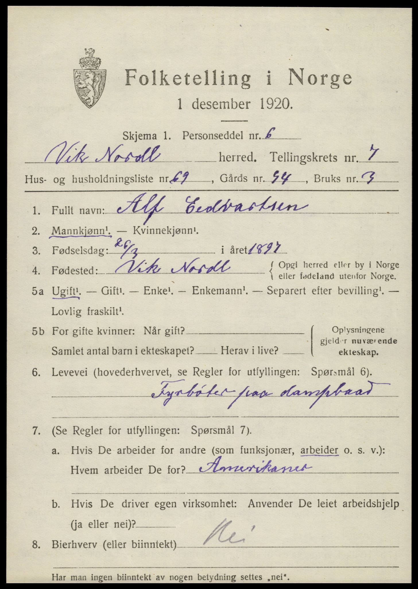 SAT, 1920 census for Vik, 1920, p. 5239