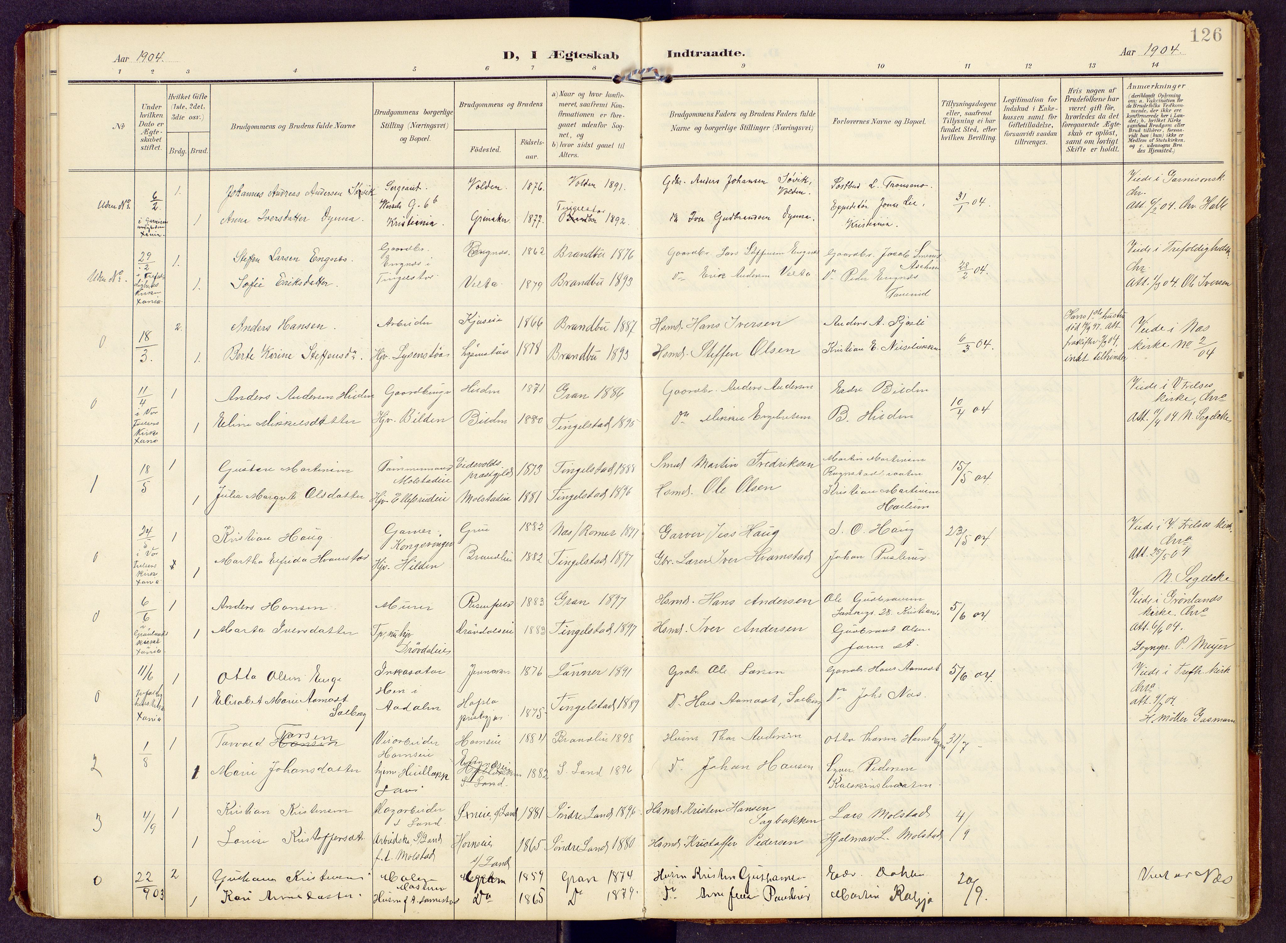 Brandbu prestekontor, SAH/PREST-114/H/Ha/Hab/L0009: Parish register (copy) no. 9, 1903-1916, p. 126