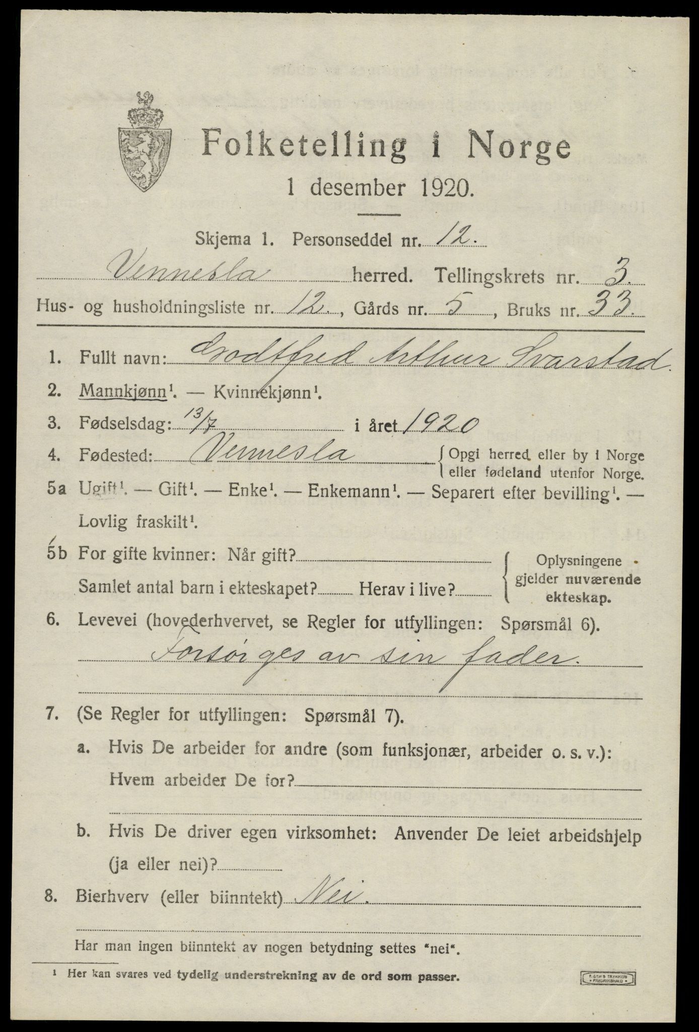 SAK, 1920 census for Vennesla, 1920, p. 2370